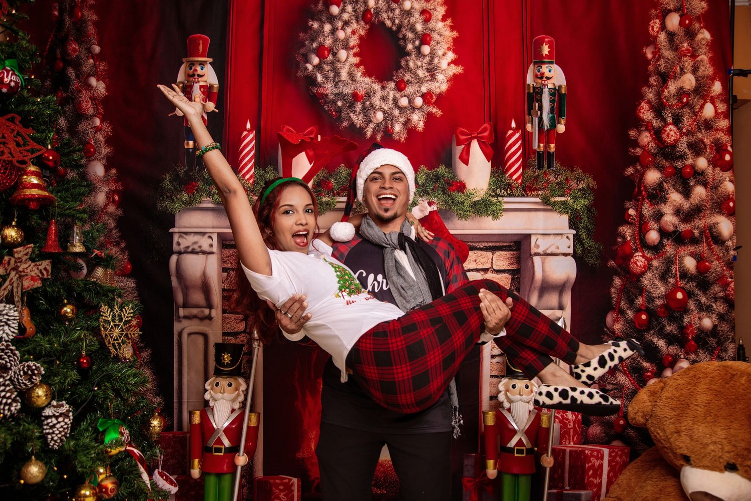 Five festive holiday photos with red and white Christmas decorations and decorative backgrounds create a cheerful collage.