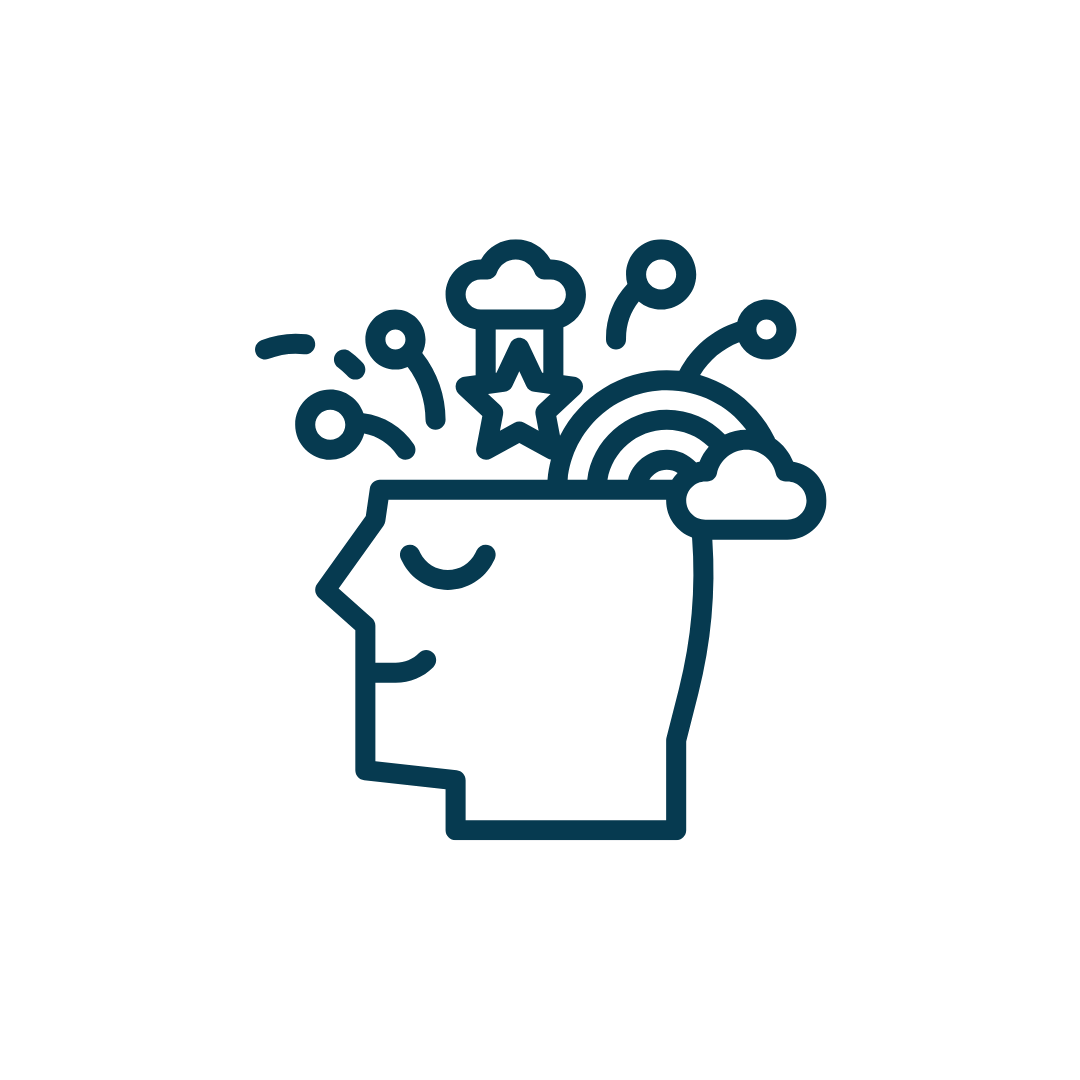 Line icon of human head with floating symbols representing thoughts and ideas.