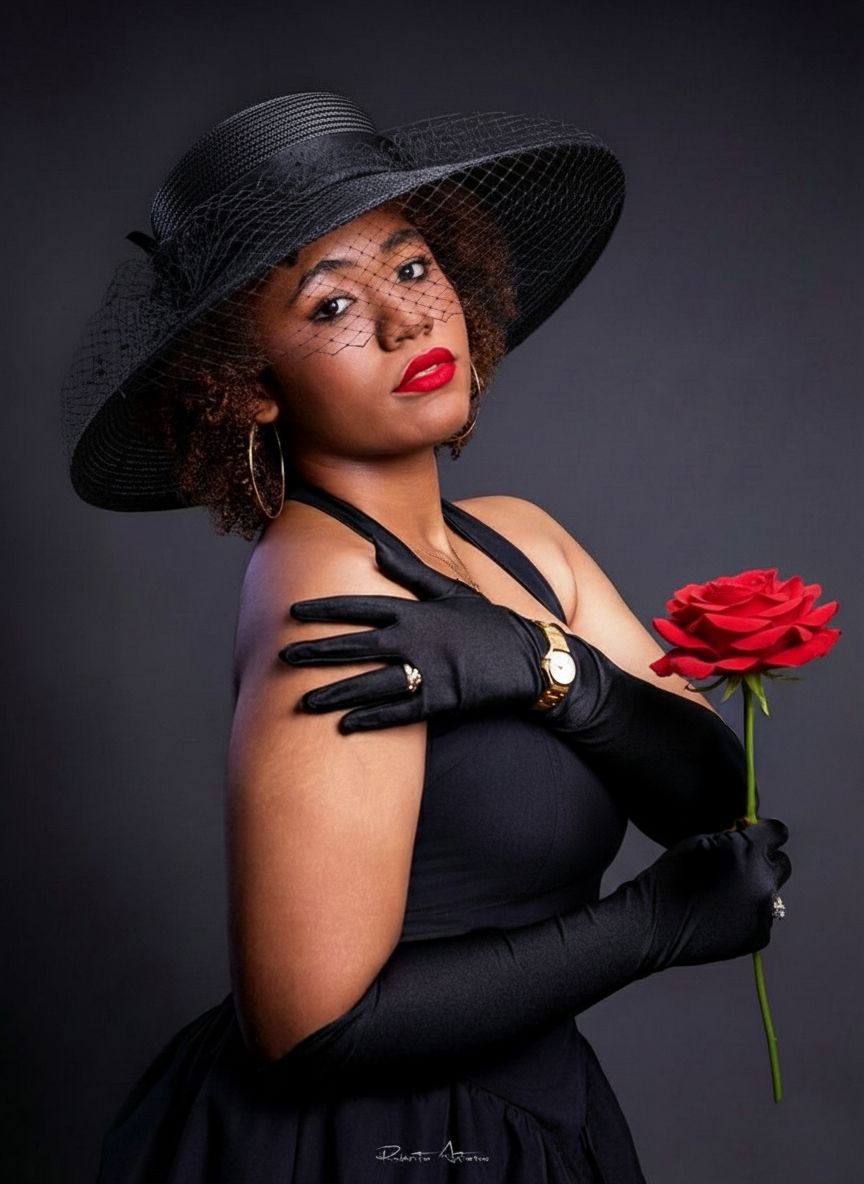 Dramatic portrait series featuring a person in a black dress and wide-brimmed hat holding a red rose against dark backdrop.