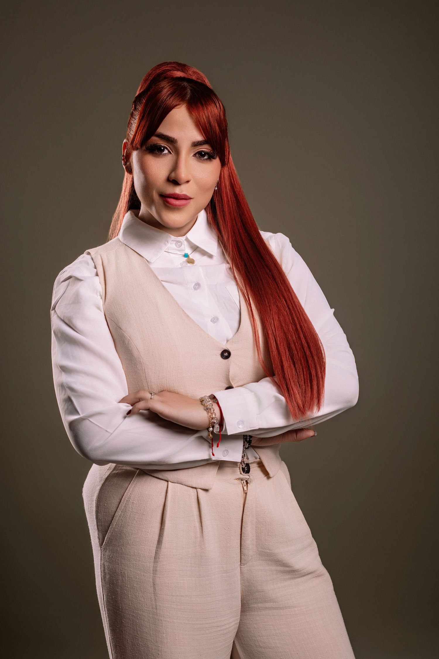 A fashion portrait series showing a model in a white button-up shirt and beige vest against a dark background.