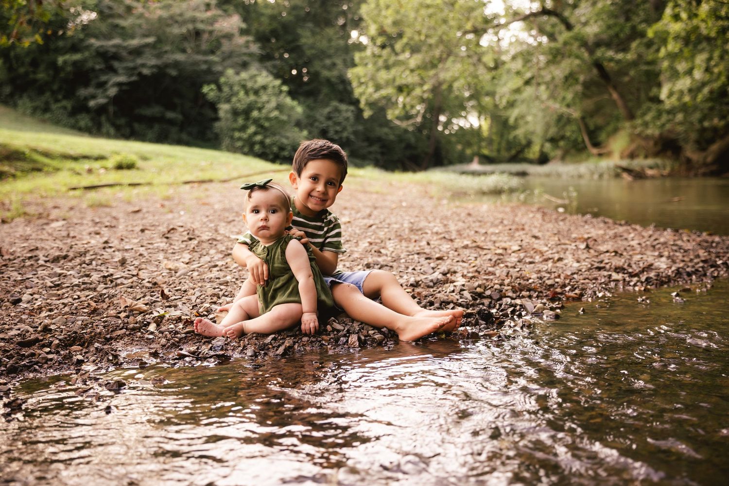 brother and sister in the creek mini session