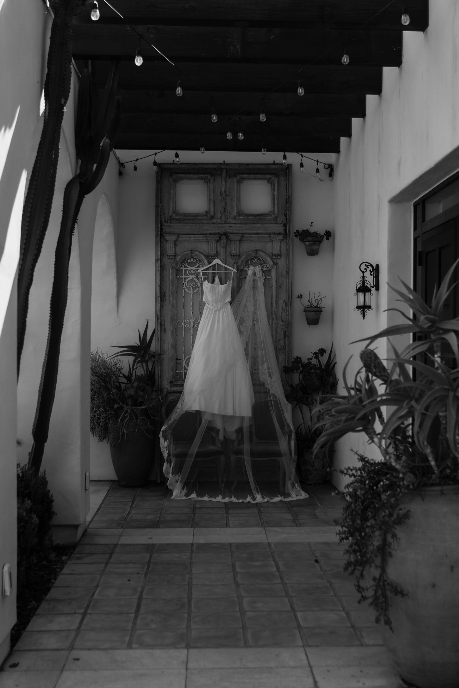 Black and white photo of an elegant wedding dress with veil hanging in a courtyard doorway surrounded by potted plants.