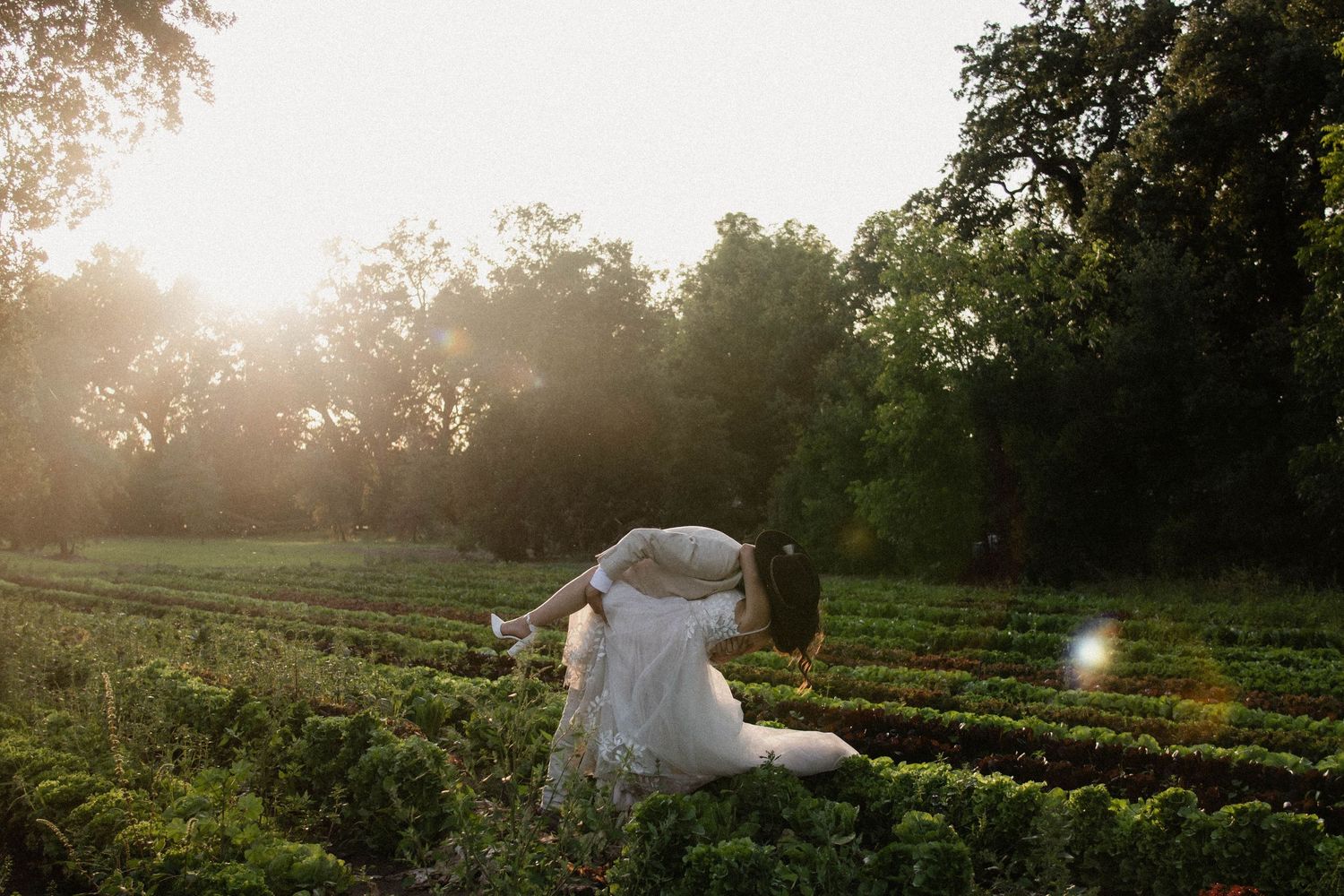 Couple dancing in a sunlit garden field surrounded by lush greenery with golden hour light.