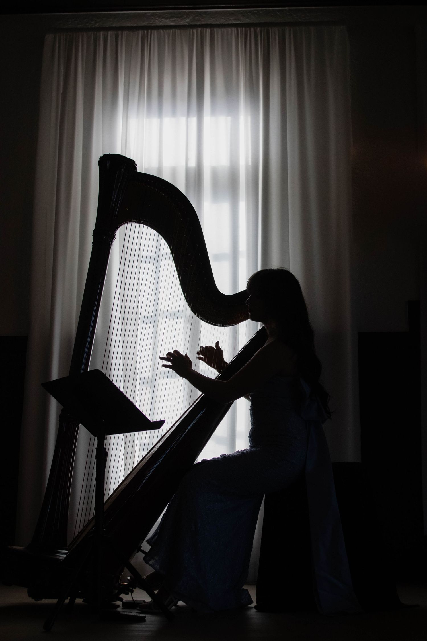 Silhouette of a woman playing a harp backlit by a curtained window in a dark room.
