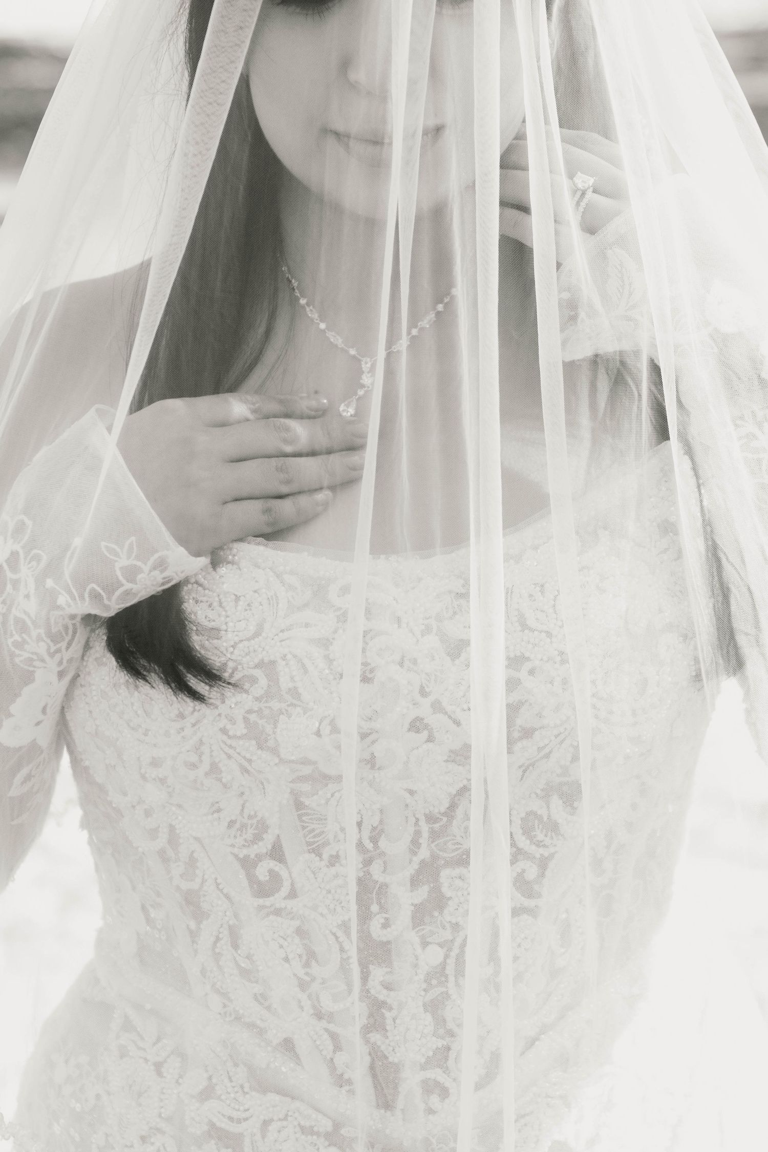 Black and white portrait of bride in lace wedding dress partially covered by flowing veil.