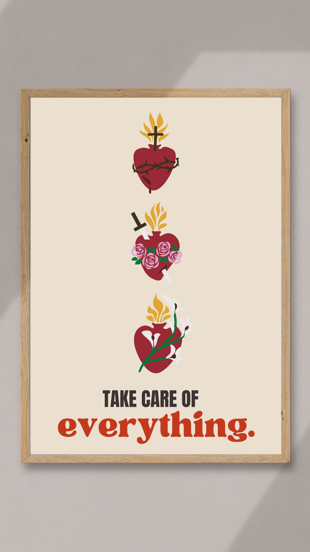 Framed Catholic art print of three sacred hearts with flames, roses and lilies, captioned Take care of everything.