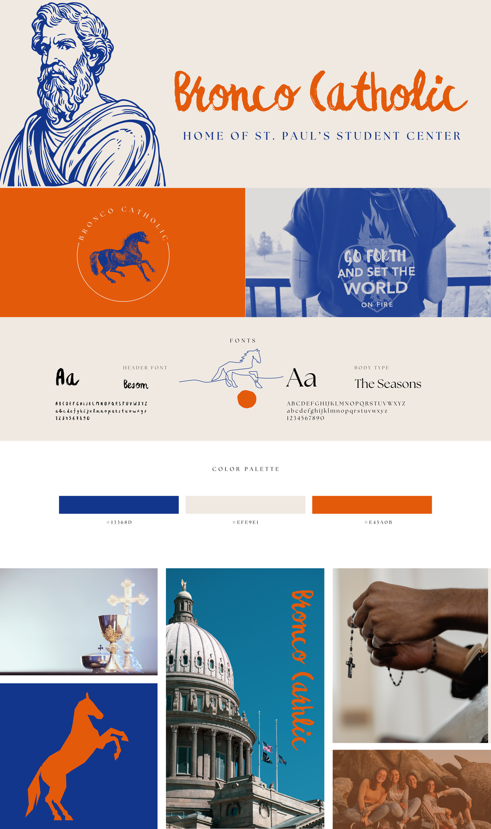 Bronco Catholic brand board for St. Paul's Student Center with logo, bronco horse, fonts, blue and orange palette, and photos.