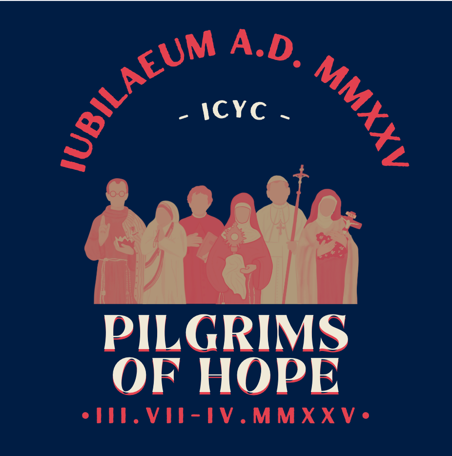 Jubilee 2025 Pilgrims of Hope ICYC graphic showing illustrated saints and pilgrims on a navy background with dates.