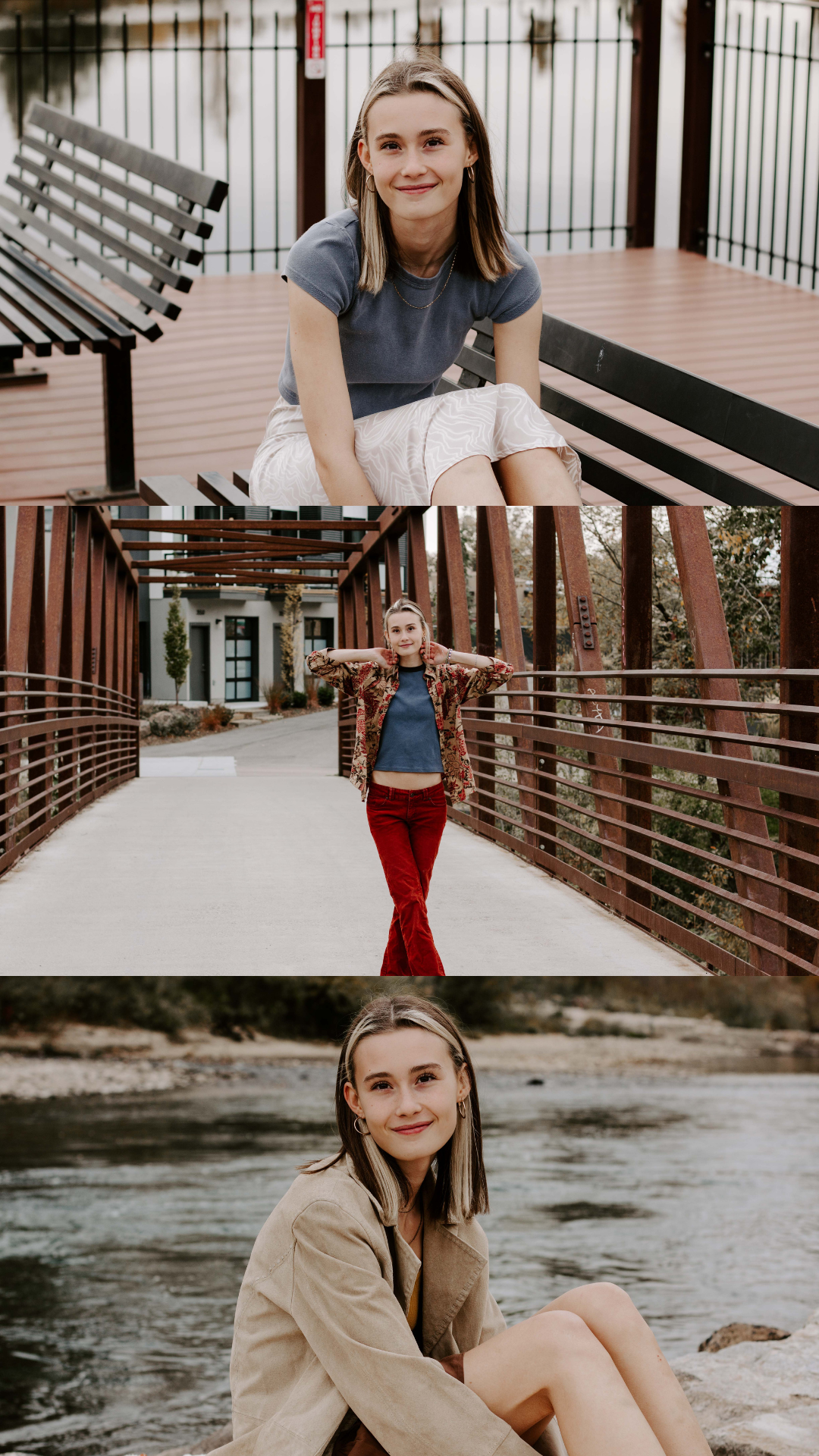Three-photo collage of a smiling young woman posing on a wooden bridge, bench, and riverside in casual outfits.