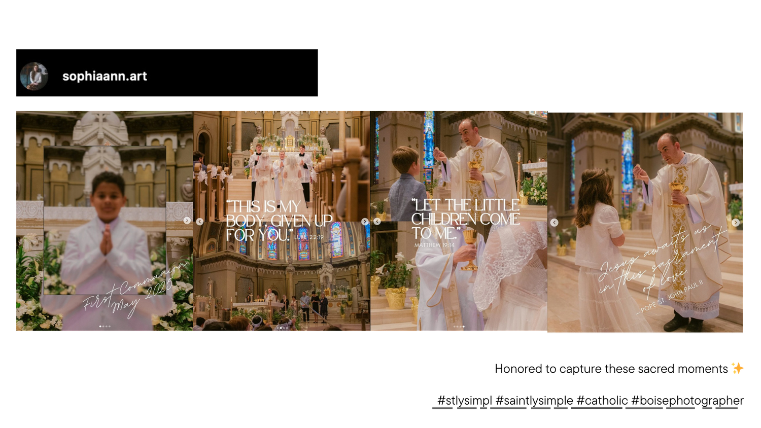 Collage of Catholic first communion photos showing a child in white praying, a priest at a decorated church altar, and a candlelit ceremony.