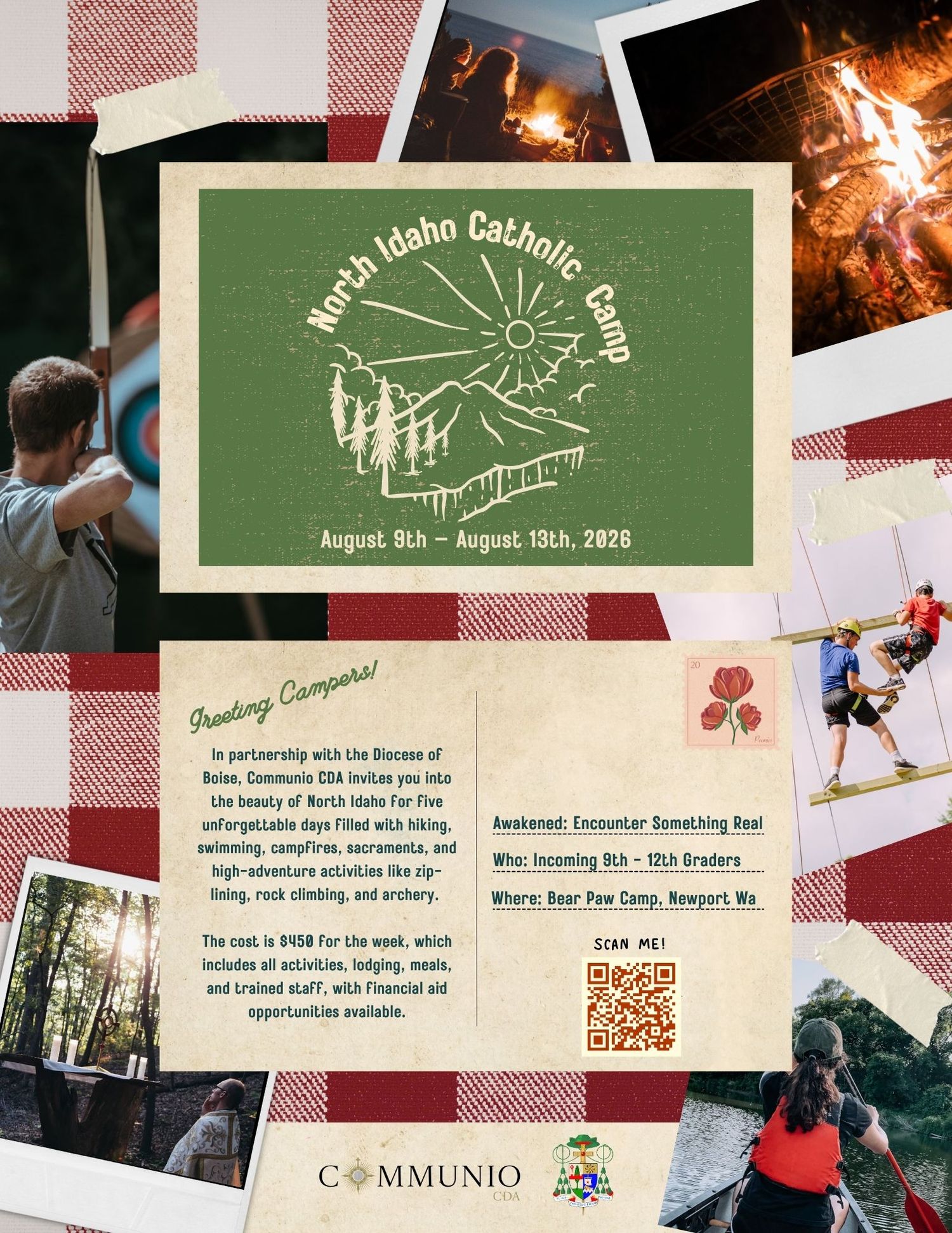 Flyer for North Idaho Catholic Camp, August 8th to 13th, 2026, at Bear Paw Camp in Newport, WA, for incoming 9th to 12th graders.