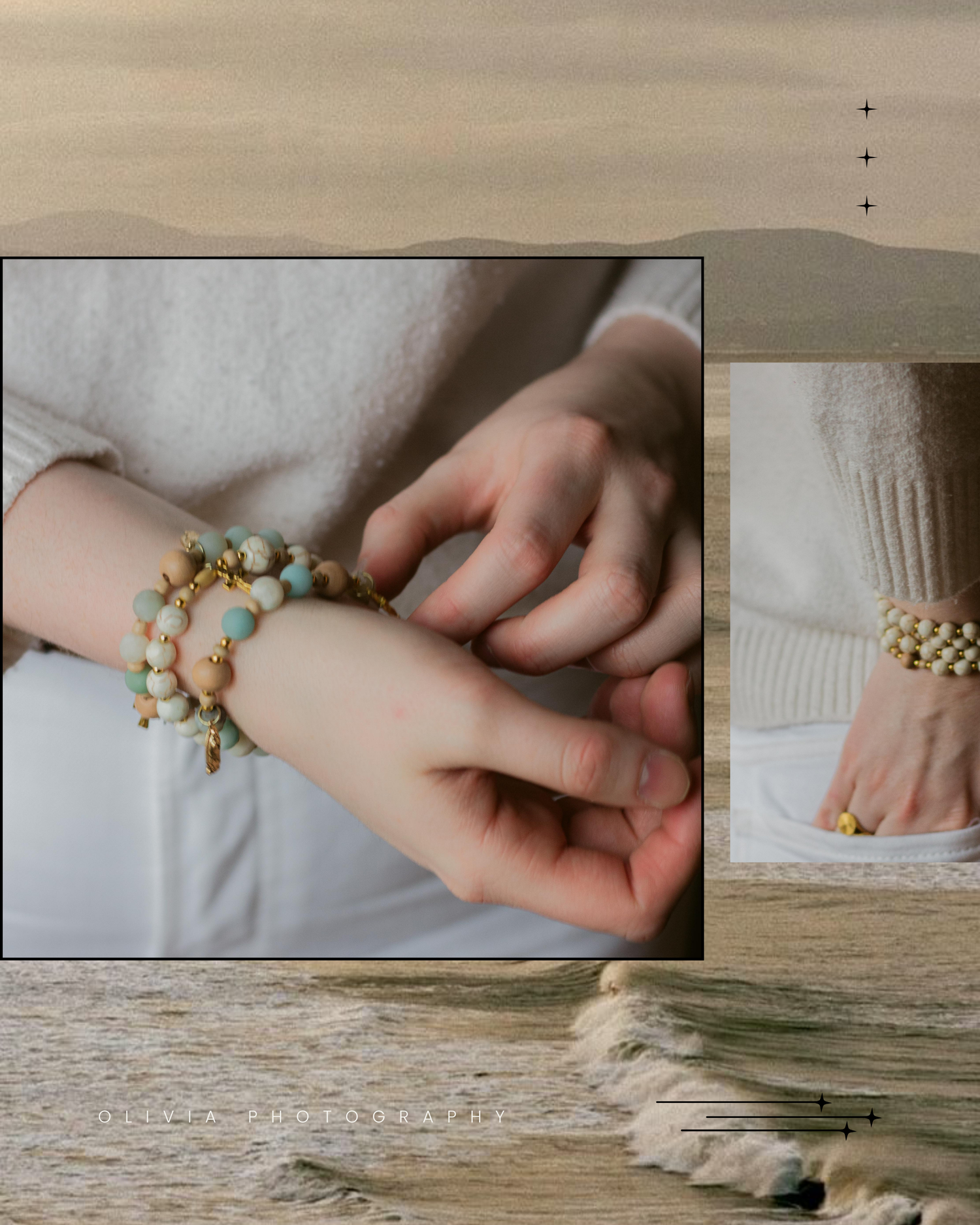 Close-up of a woman's wrists wearing beaded turquoise and gold bracelets and a ring, with a beach shoreline backdrop.