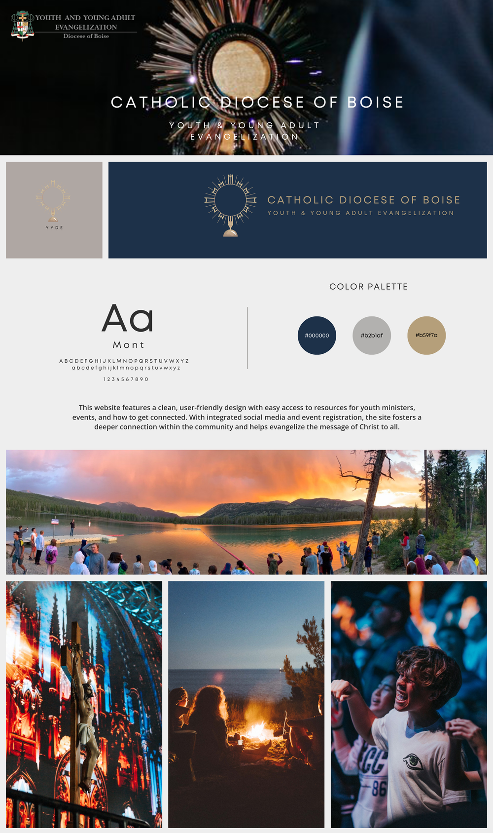 Catholic Diocese of Boise youth and young adult evangelization brand board with monstrance logo, navy palette, fonts and photos.