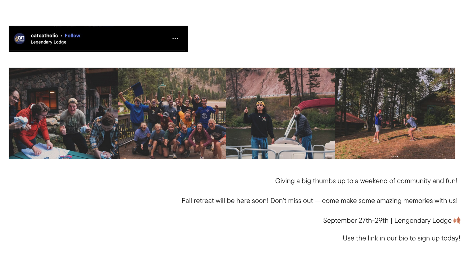 Instagram post from a Catholic group promoting a fall retreat at Legendary Lodge, with a collage of smiling attendees at community events.