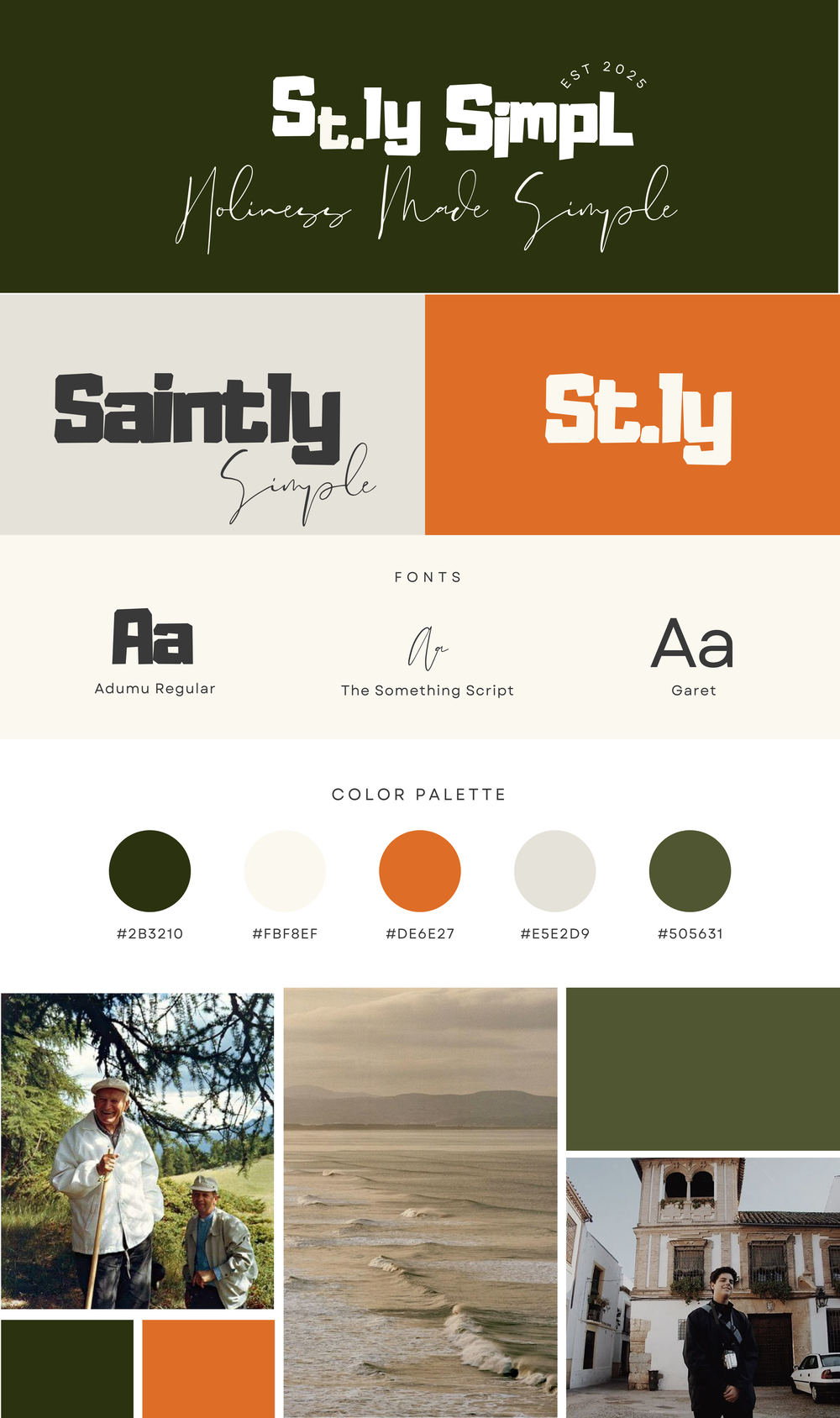 Saintly Simple brand board with green, orange and cream color palette, fonts, logo variations and lifestyle photos.