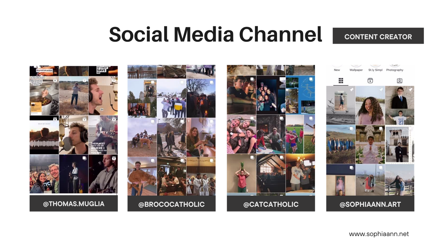 Social media channel slide showing four Instagram profile grids for Catholic content creators, including Thomas Muglia, Broco Catholic, Cat 