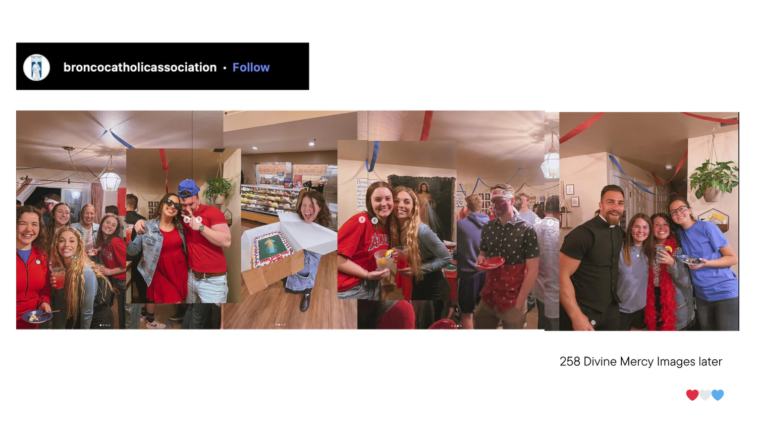 Instagram post from a Catholic association showing a collage of smiling young adults gathered indoors in red shirts at a social event.