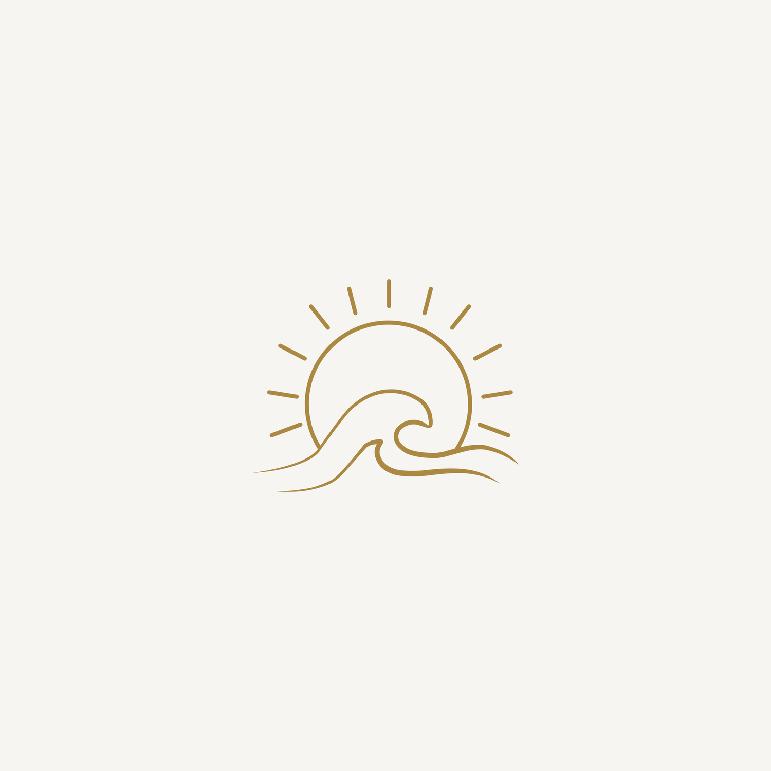 Minimalist gold line-art logo of a sun rising over ocean waves on a cream background.