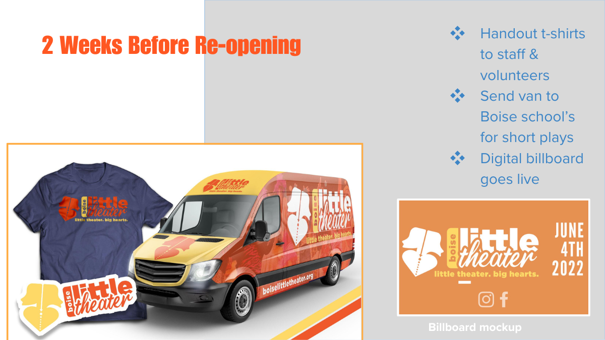 Slide showing a branded Little Theater t-shirt, orange van, and June 4, 2022 digital billboard mockup for a re-opening promotion.