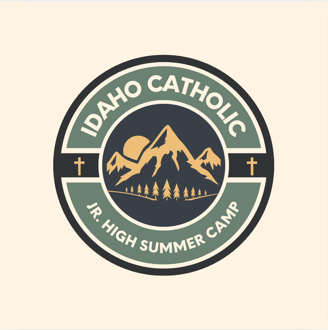 Circular badge logo for Idaho Catholic Jr. High Summer Camp featuring a mountain, pine trees, a sun and two crosses.