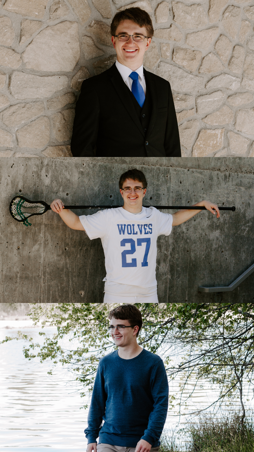 Three-photo collage of a young man with glasses in a suit and tie, a Wolves lacrosse jersey, and a blue sweater by water.