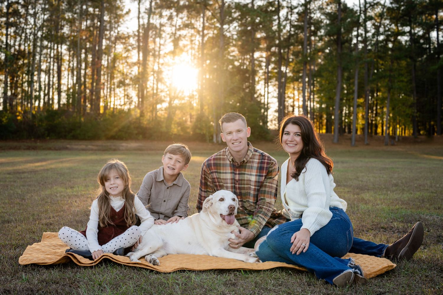 Family of four with a white Labrador sitting on a blanket in a sunlit pine forest during golden hour.