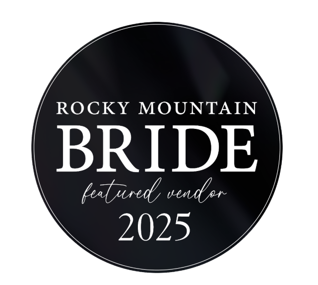A black circular logo for Rocky Mountain Bride featured vendor 2025 with white text on dark background.