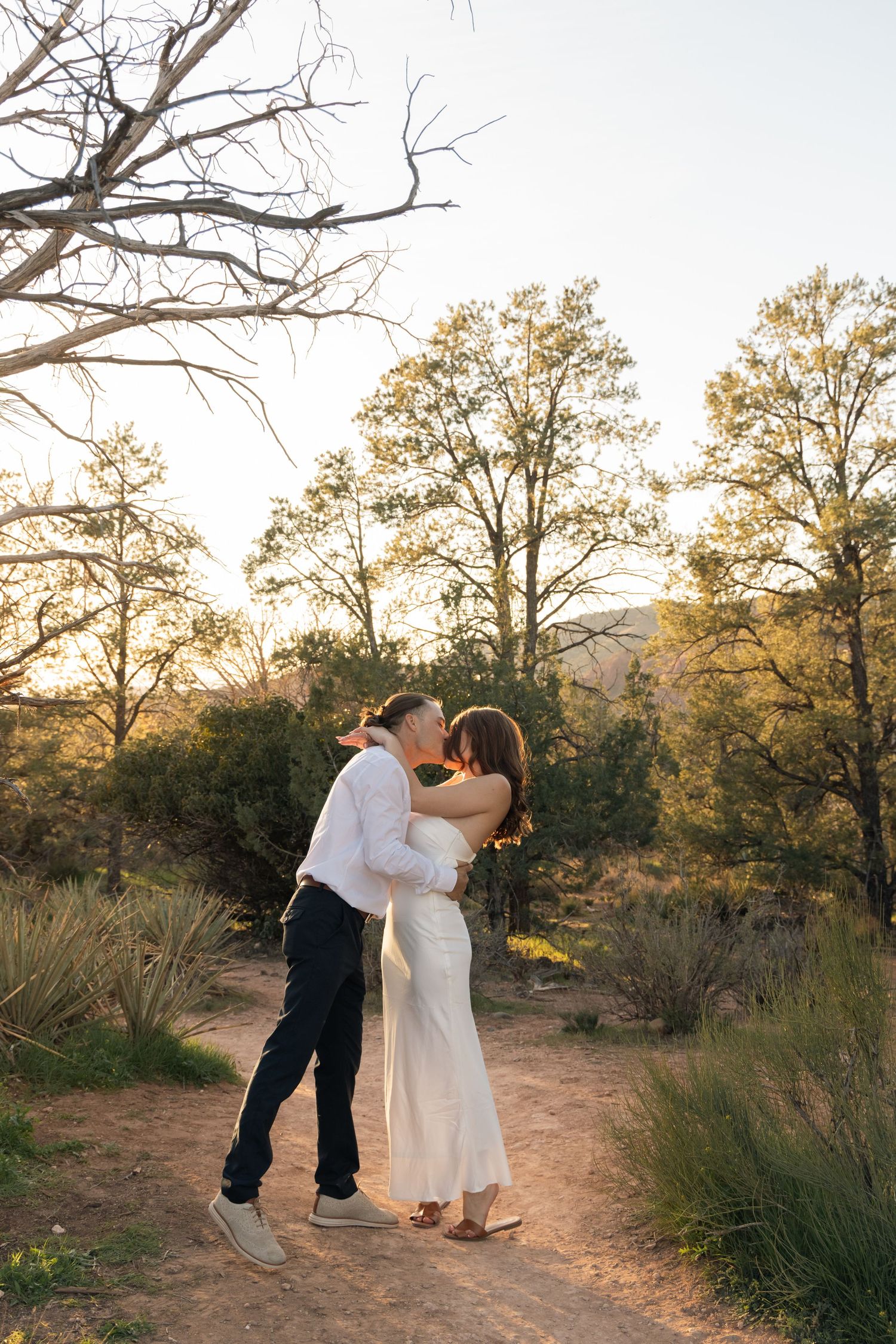 Couple kissing at golden hour on a desert trail surrounded by trees and shrubs in a romantic outdoor setting.