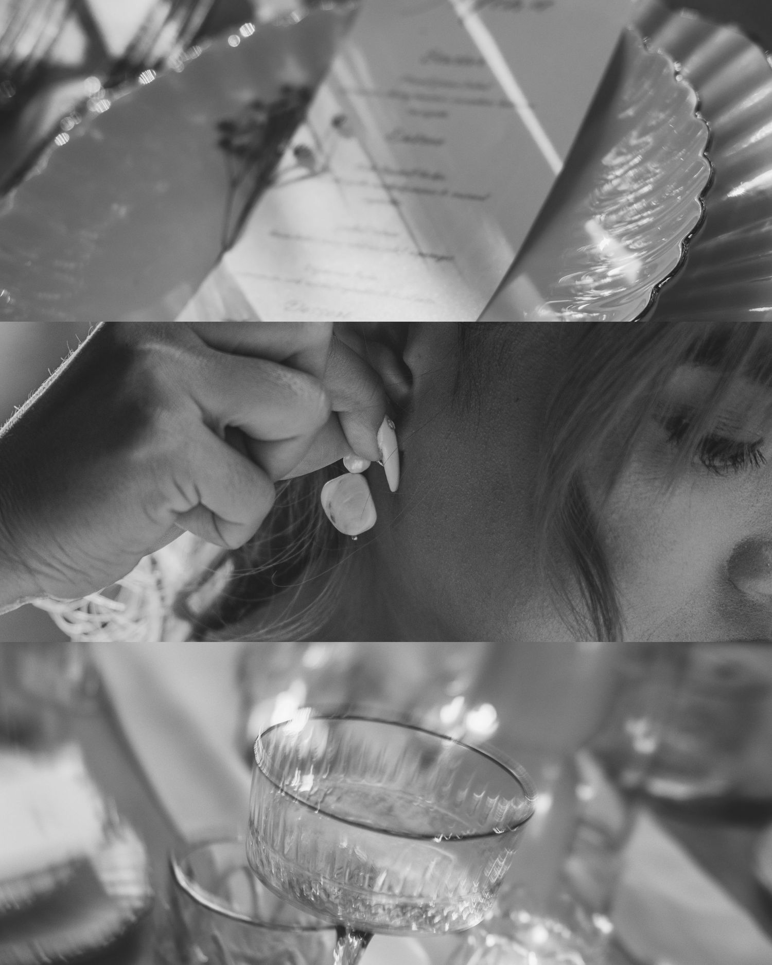 Black and white close-up image of hands preparing cocktails with precision tools and measuring equipment.
