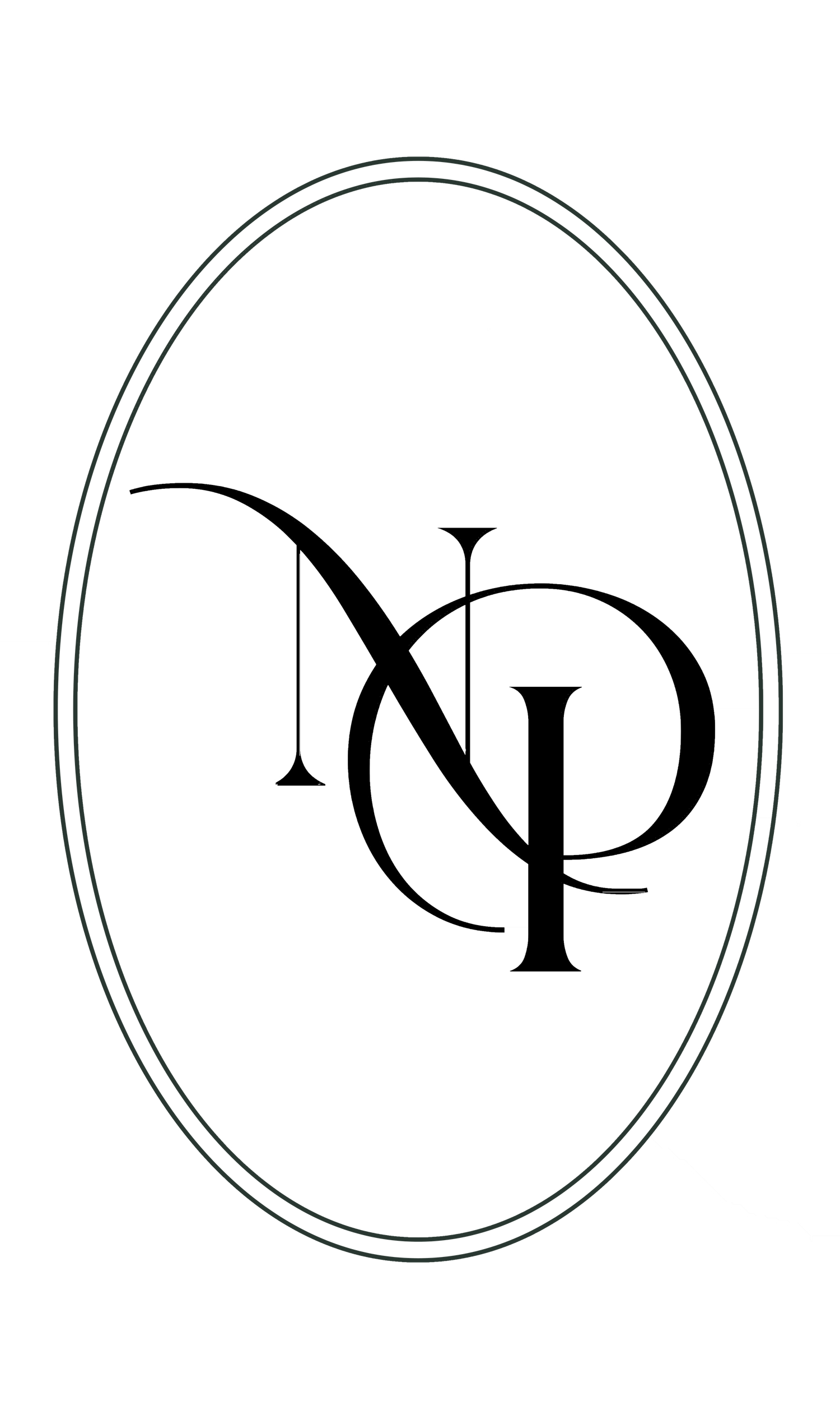 Elegant oval logo featuring intertwined NP monogram letters in classic serif font with double border design.
