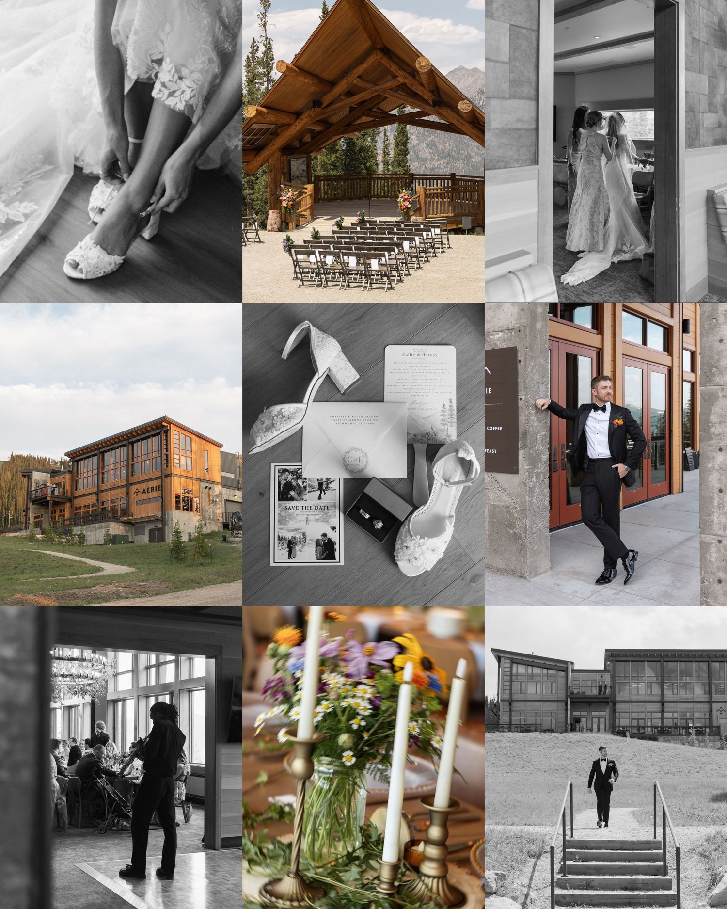 A wedding photo collage featuring bridal shoes, an outdoor ceremony venue, getting ready moments, and elegant reception details.