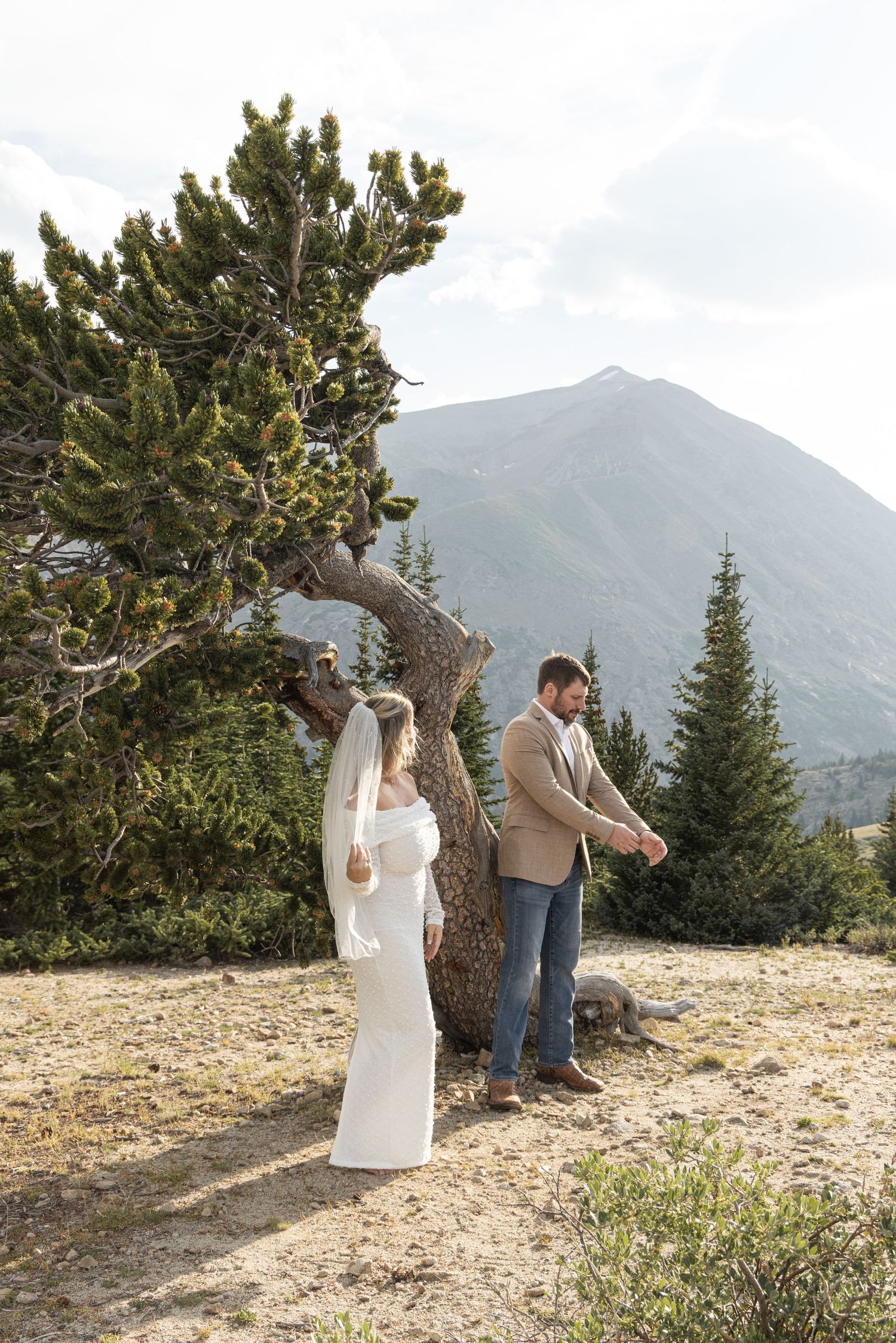A couple shares a romantic moment on a mountain summit with evergreen trees and majestic peaks in the background.