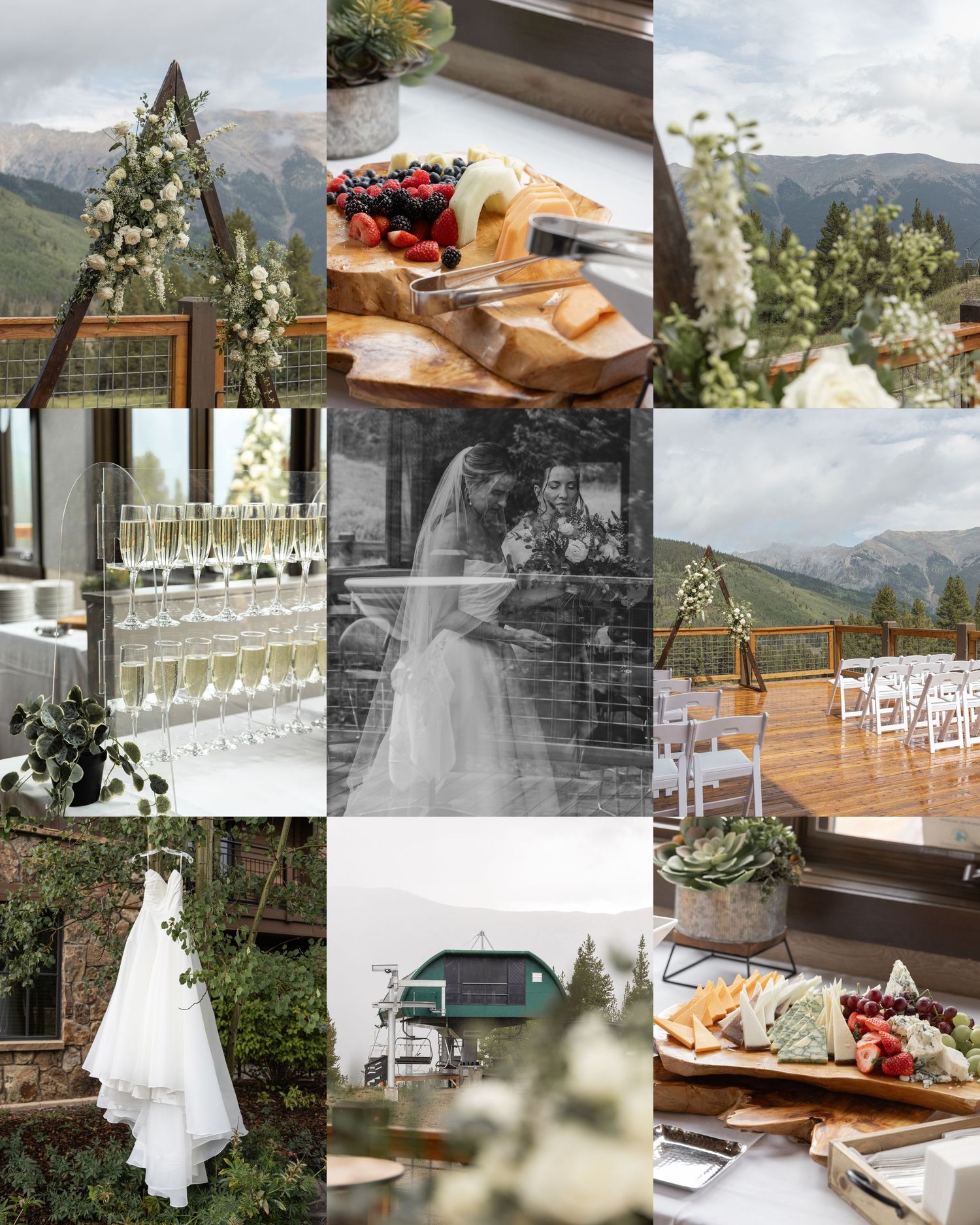 Mountain wedding venue collage featuring floral arch, charcuterie boards, bride and groom, outdoor ceremony, and elegant wedding dress.
