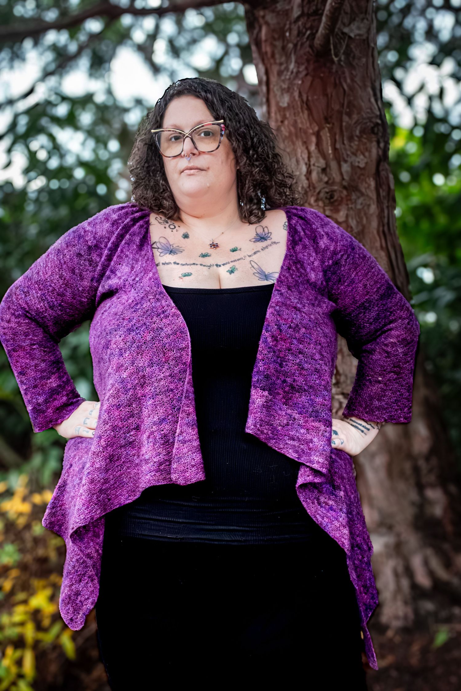 A series of outdoor portraits showing a person wearing a purple lace shawl over a black top against a natural backdrop.