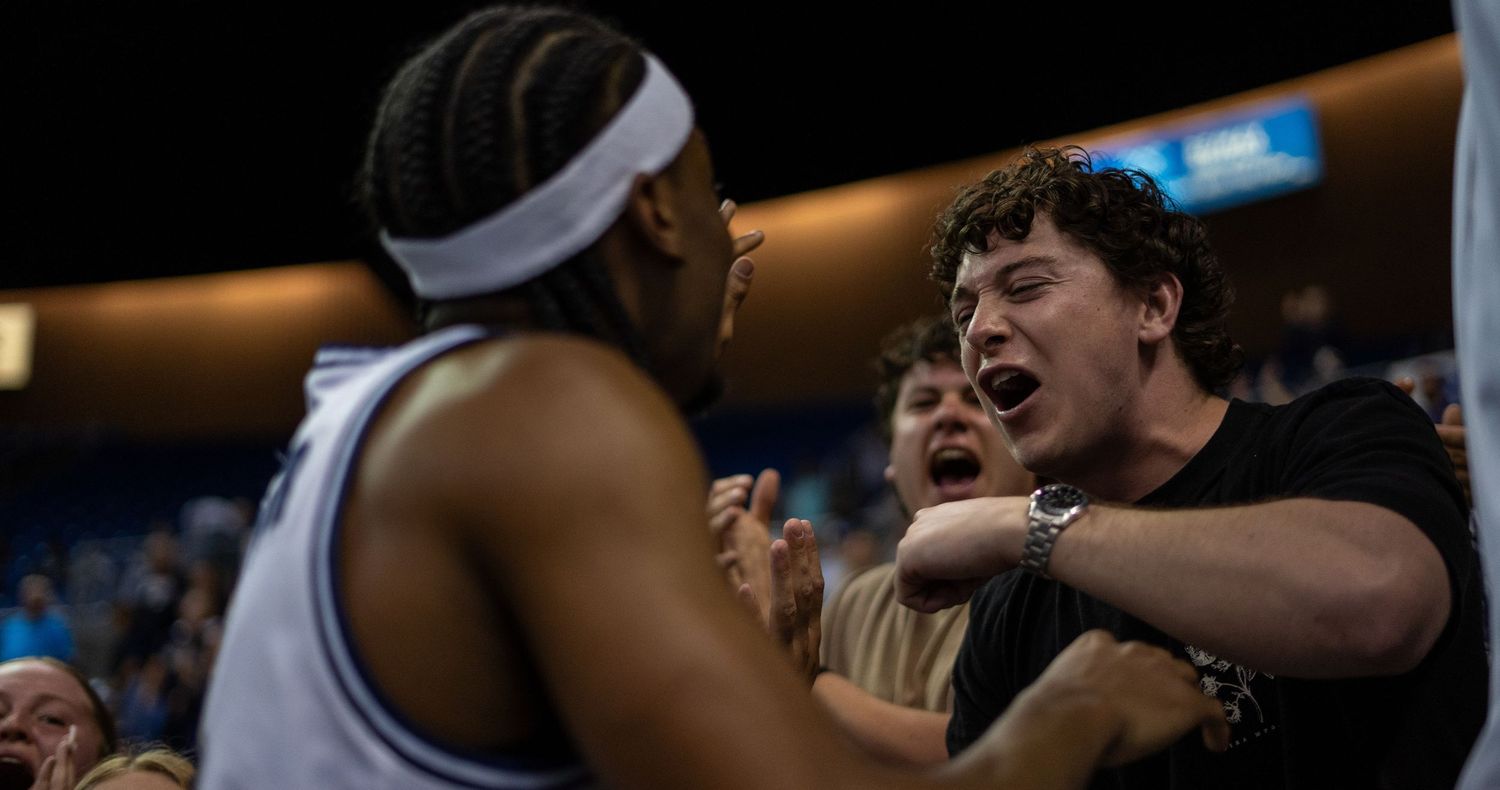 Fans celebrate after the University of Nevada, Reno, basketball team advances to the semifinals of the NIL tournament, 2026.