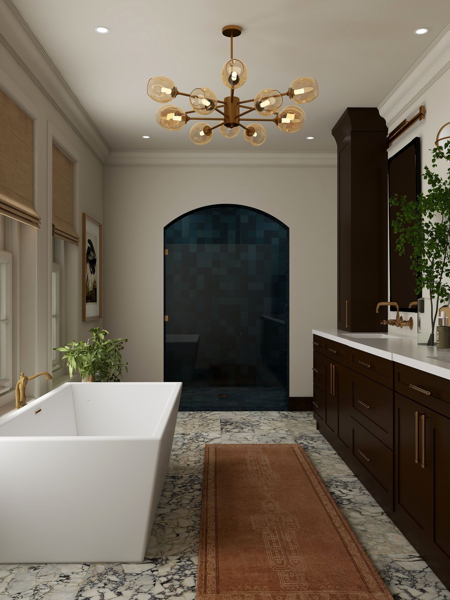 Transitional primary bathroom design with freestanding tub, marble floor, dark wood vanity, and modern chandelier Picture Perfect House