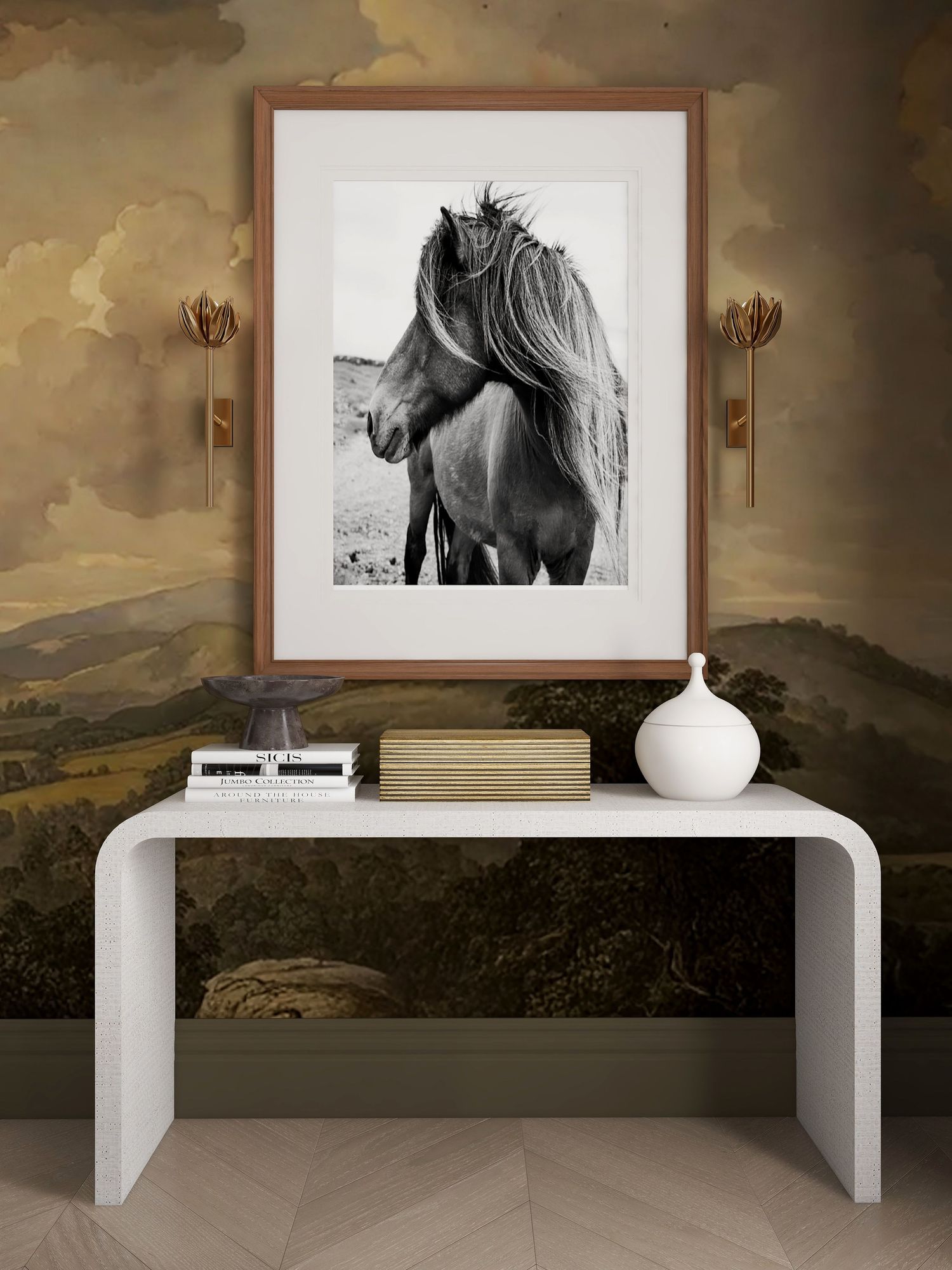 Curated horse wall art featuring vintage inspired equestrian prints styled in a warm neutral modern traditional interior.