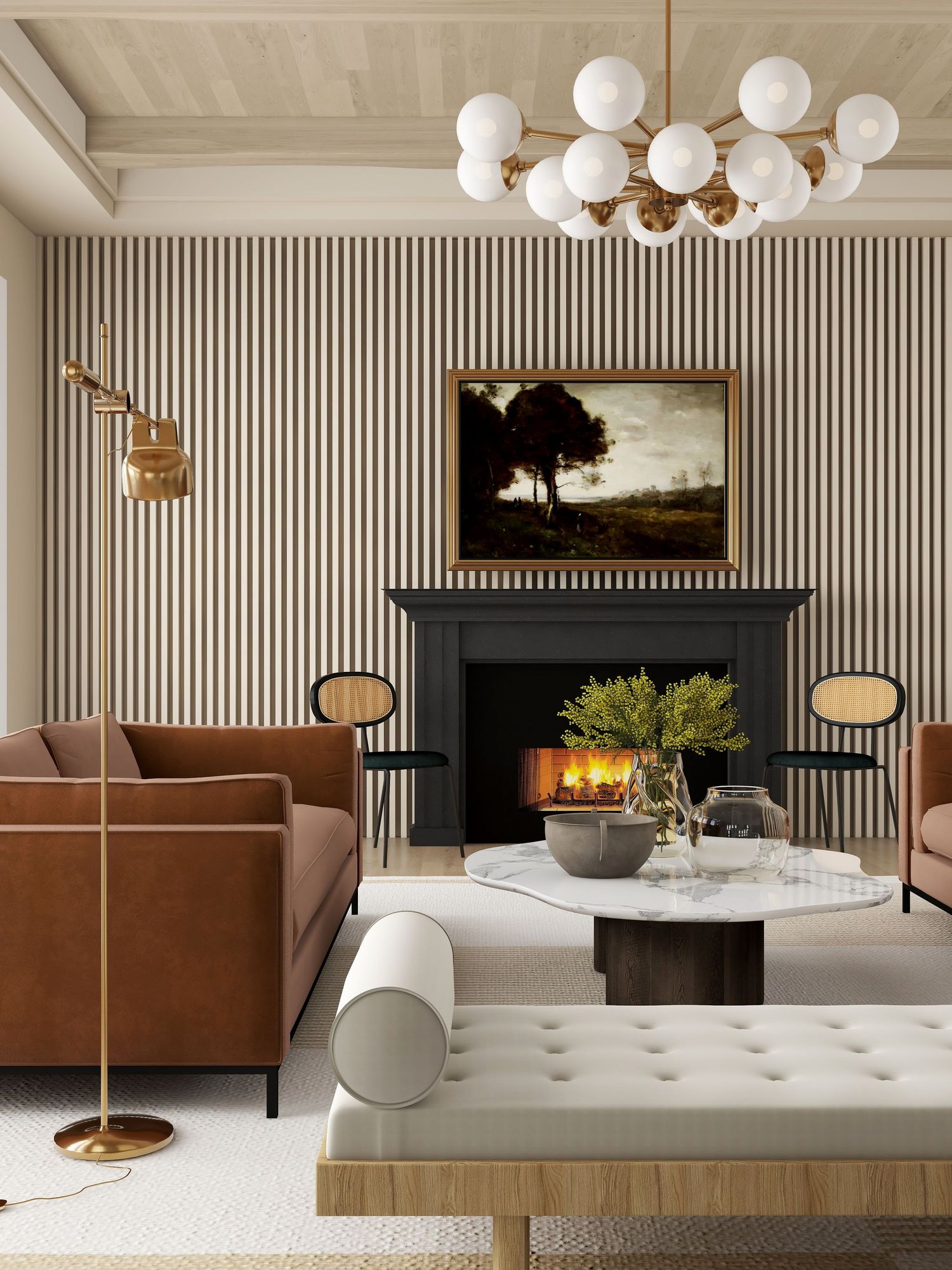 Modern living room with fluted wall, black fireplace, and vintage landscape art adding warmth, depth, and timeless charm.
