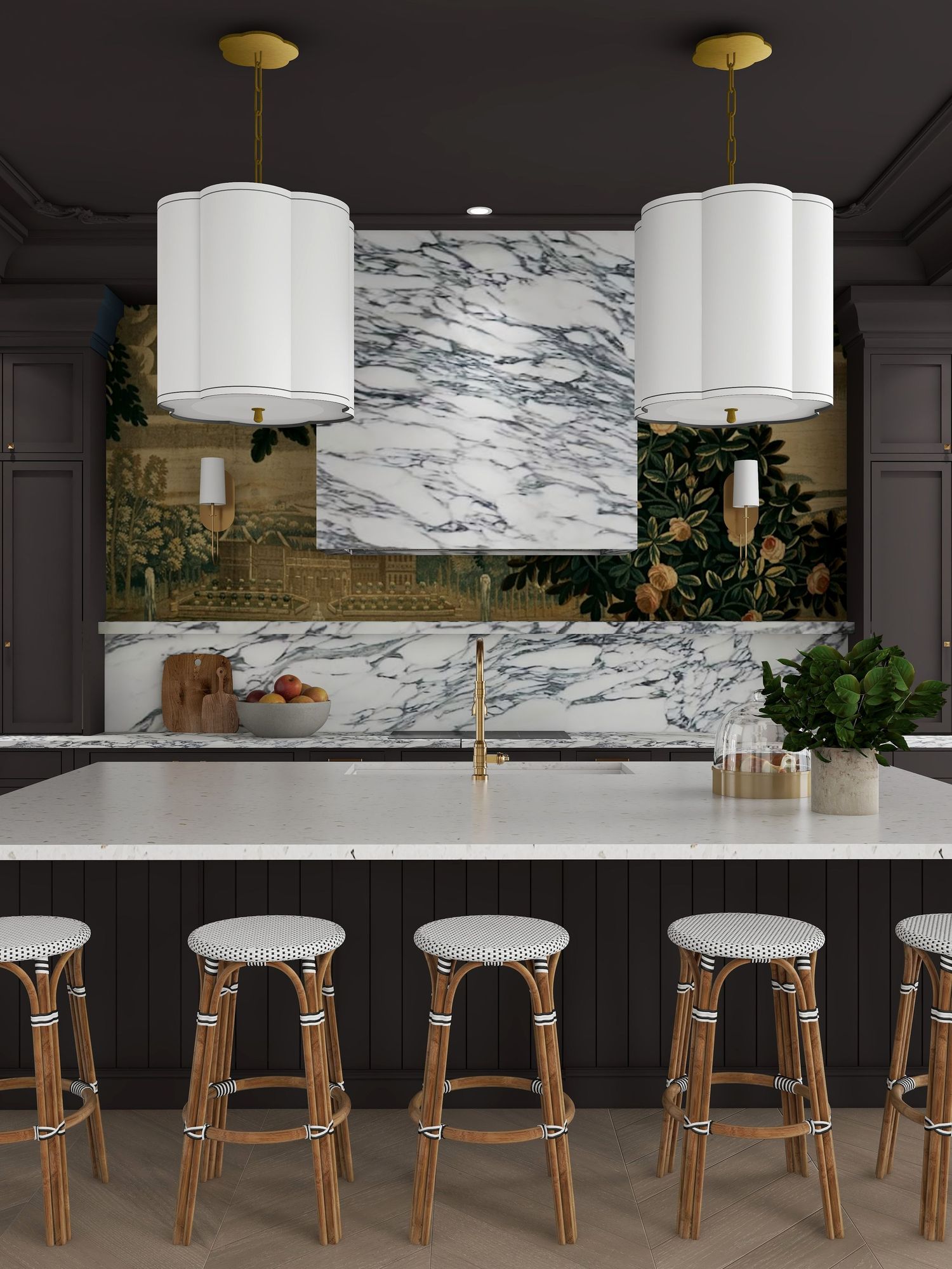 Luxury kitchen with marble backsplash, vintage wall mural, white pendants, dark cabinetry, and rattan bistro stools at the island.