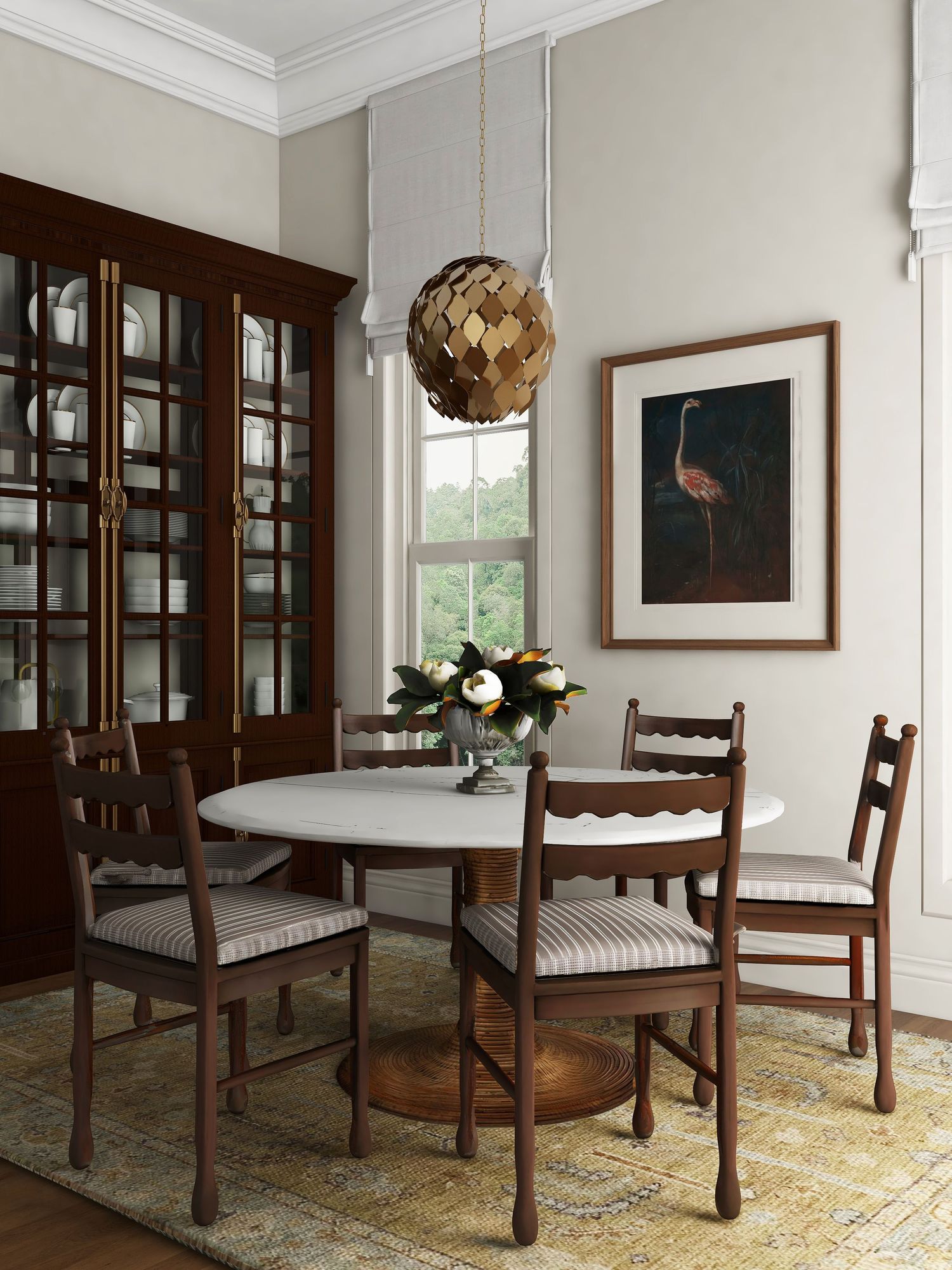 English cottag breakfast room with round pedestal table, vintage wood chairs, glass cabinet, brass pendant light, and neutral patterned rug.
