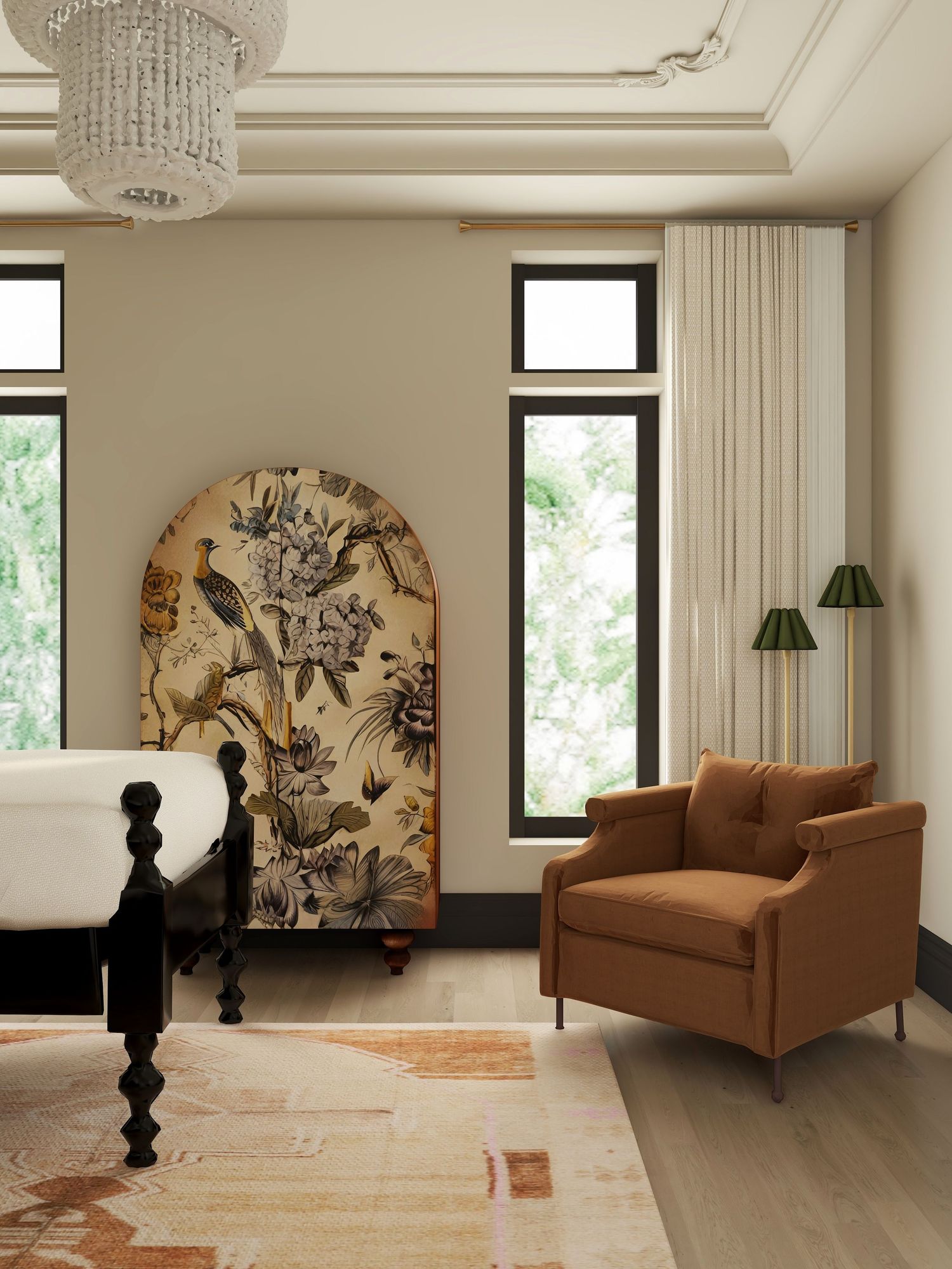 Refined modern traditional twin bedroom featuring balanced black beds, subtle pattern, warm neutral tones, and classic styling.