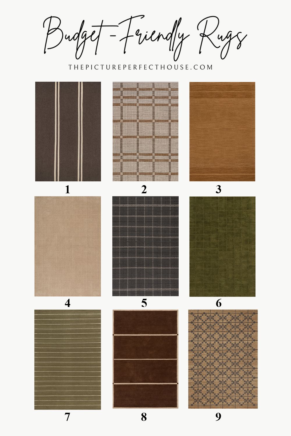 Designer curated warm neutral budget-friendly rugs in earth tones including beige, brown, and olive patterns for affordable home decorating.