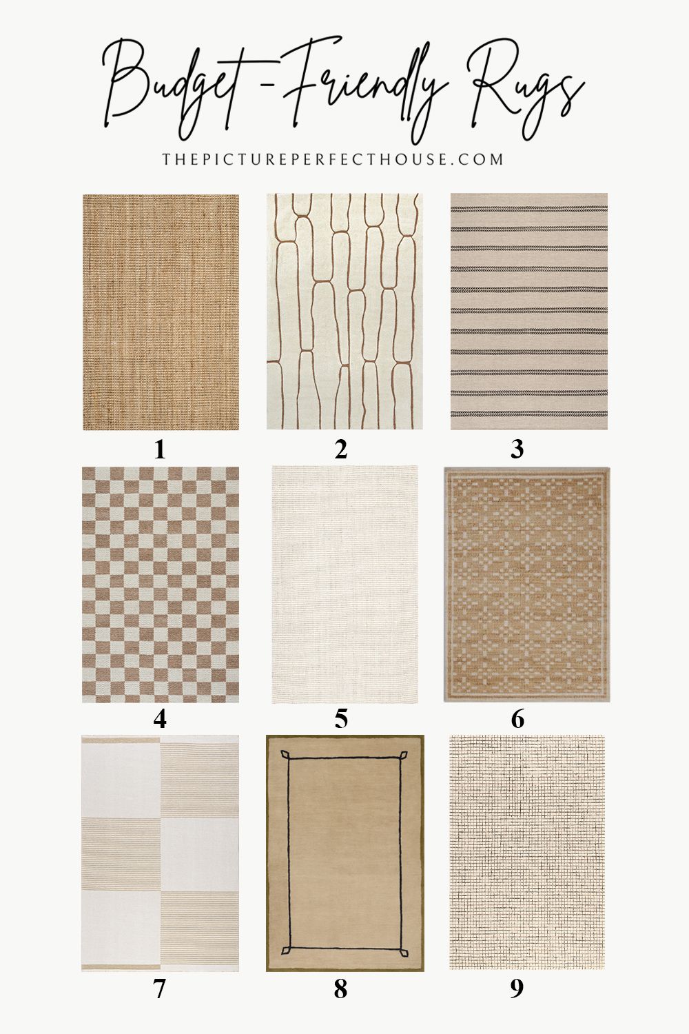 Budget-friendly light rugs in neutral patterns and natural textures, affordable rug options for modern and transitional home decor