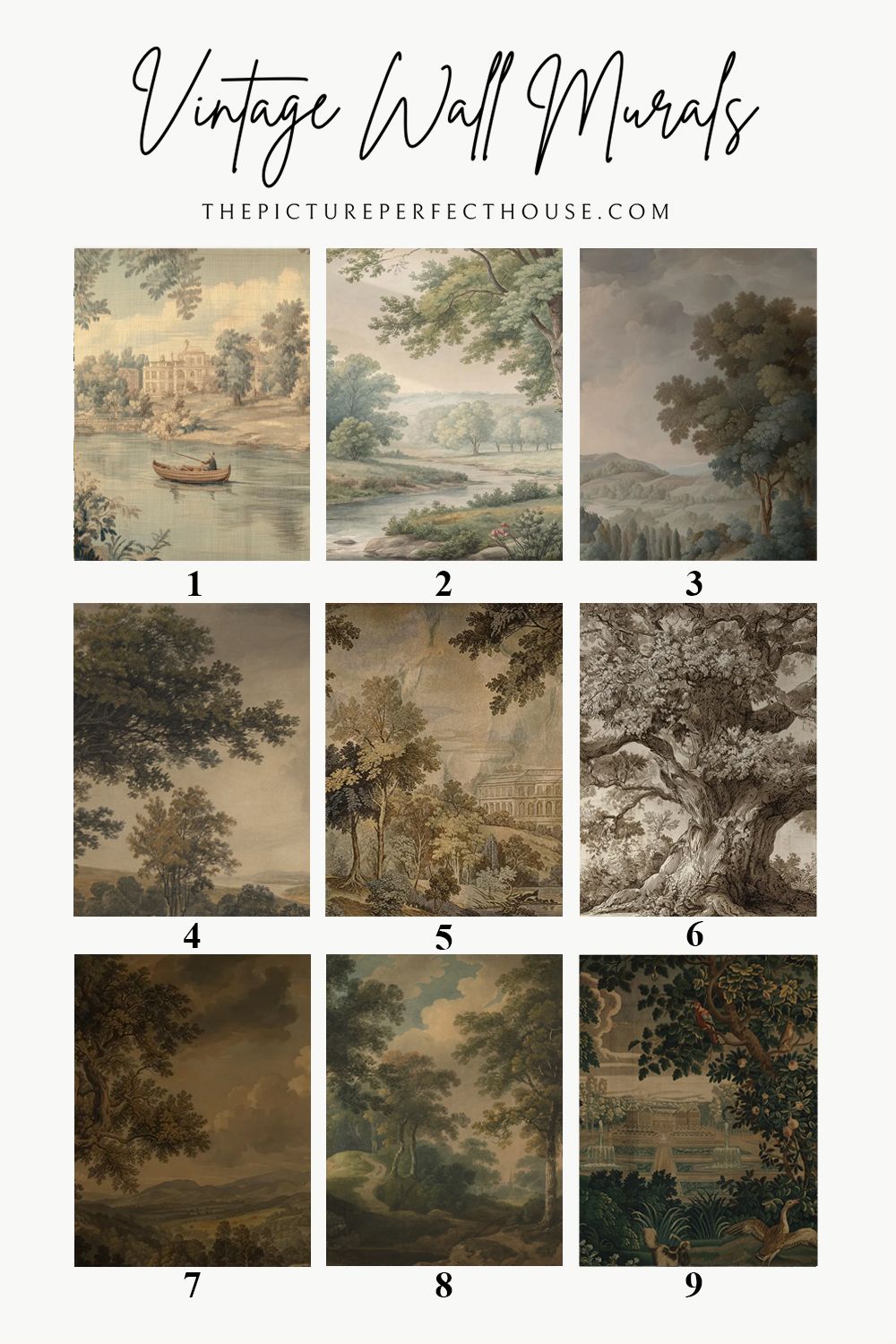 Vintage-inspired wall murals featuring scenic European landscapes in rich neutral tones, perfect for timeless interiors.