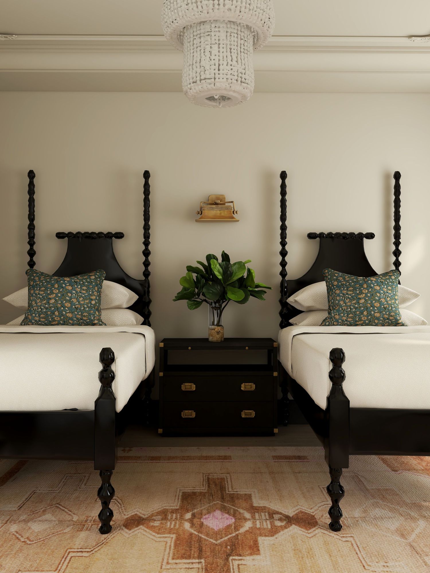 Modern traditional guest bedroom with symmetrical black twin beds, layered textiles, soft neutrals, and timeless classic details.