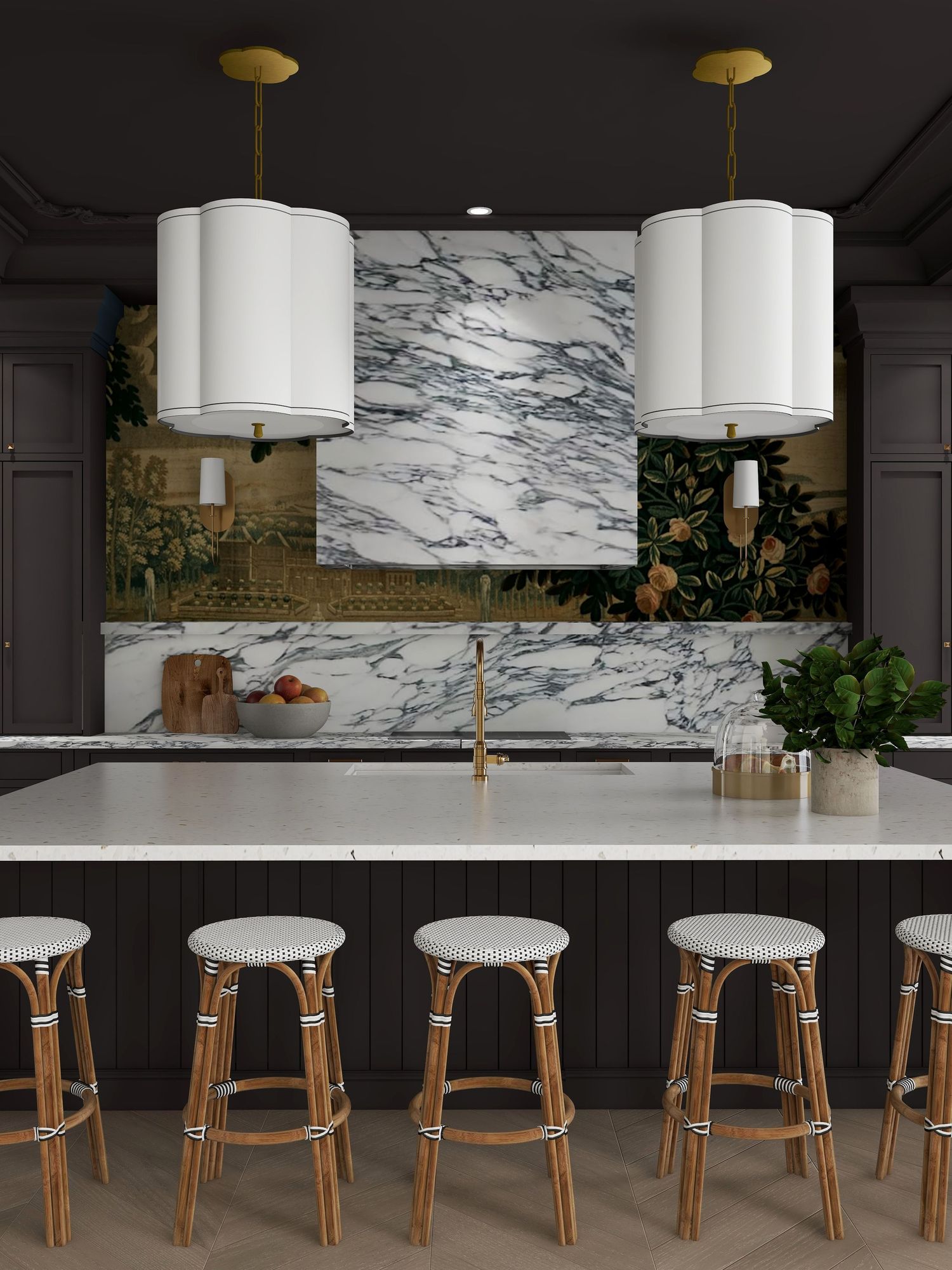 Traditional with brown and grey tones, with marble hood, quartz countertops, statement lighting featuring curated decor virtual design