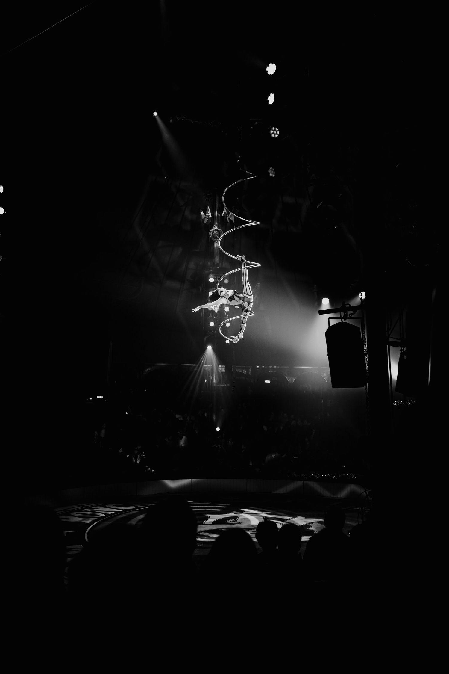 Black and white photo of an aerial acrobat performing under spotlights at a dark circus show.