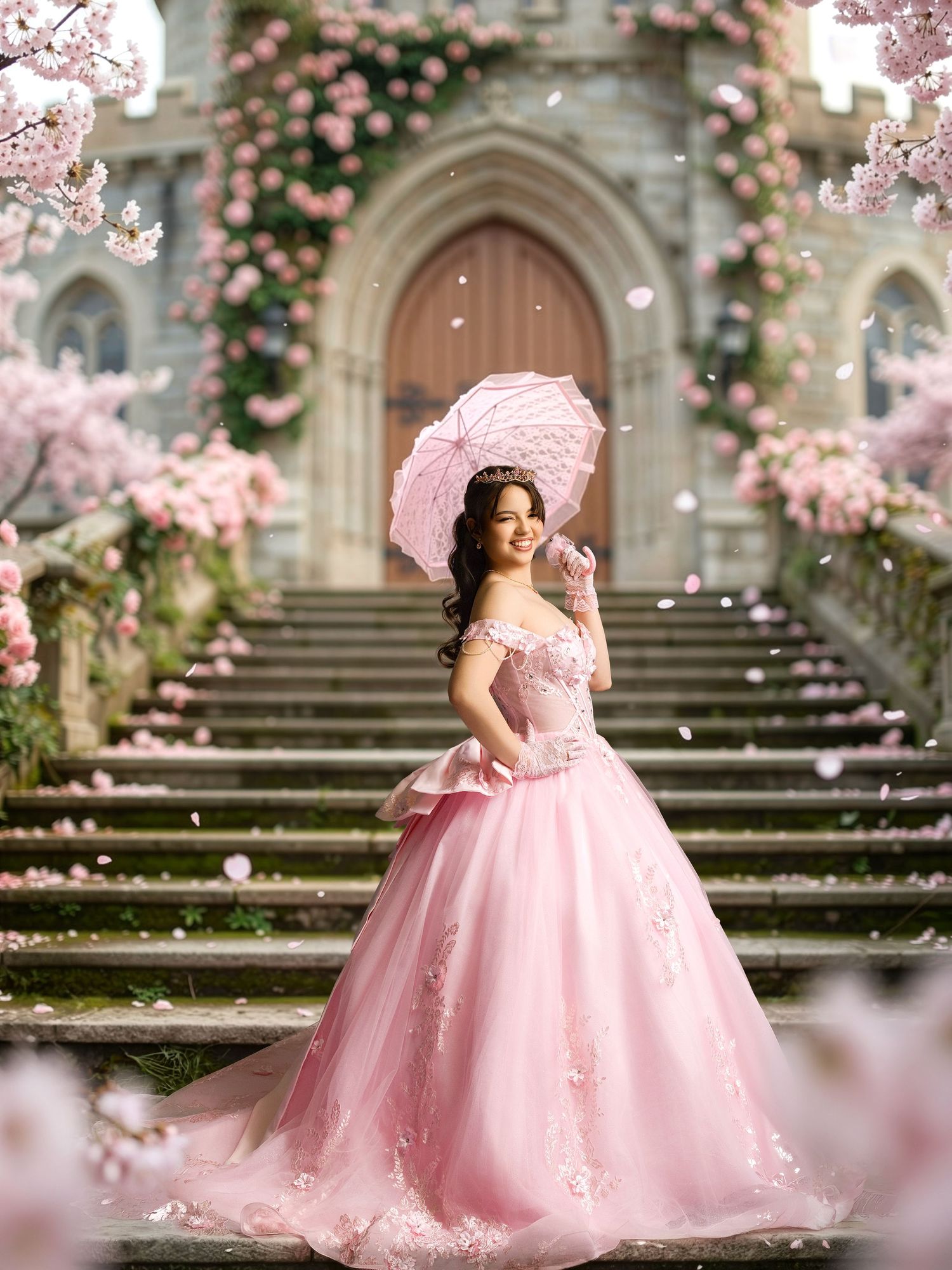 A young woman in a pink ball gown holds a floral umbrella on castle steps surrounded by blooming cherry blossoms.