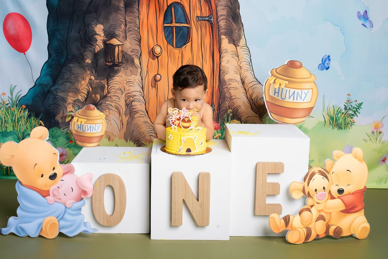 Baby's first birthday cake smash with Winnie the Pooh theme, blocks spelling ONE, and colorful storybook backdrop.