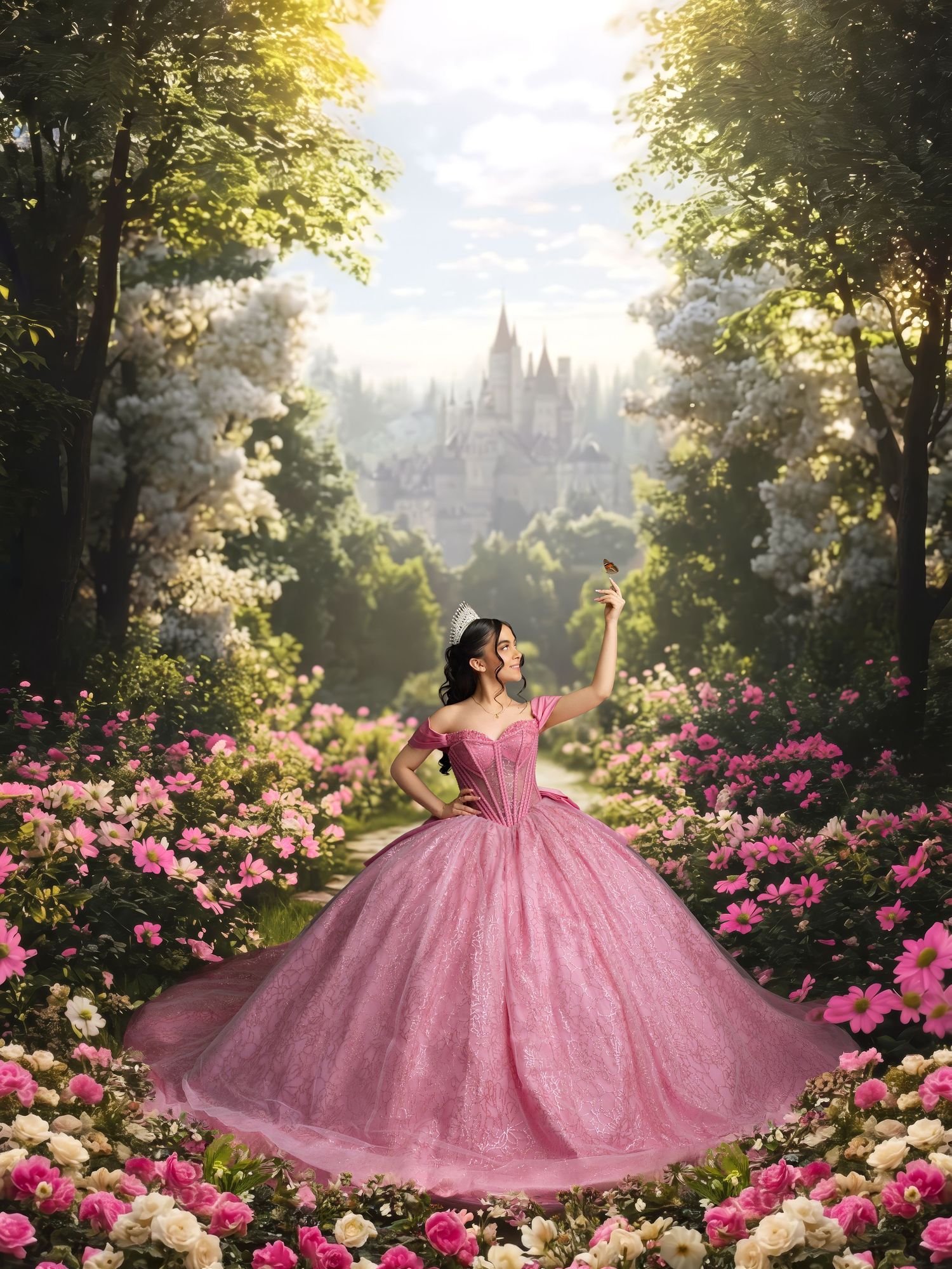 A woman in a pink ball gown stands among roses with a fairy-tale castle in the background.